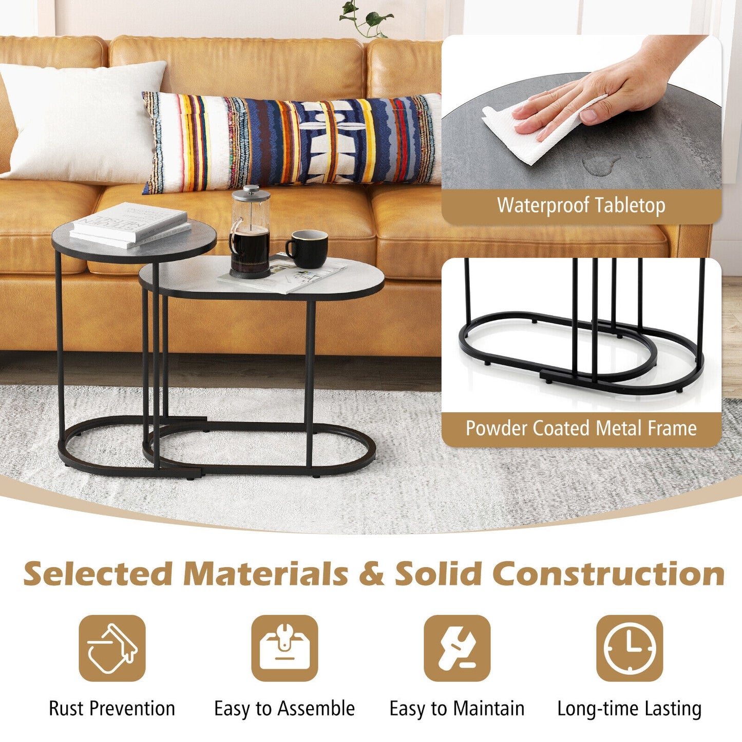Modern 2 Piece Nesting Tea Table Set with Faux Marble Top and Metal Frame