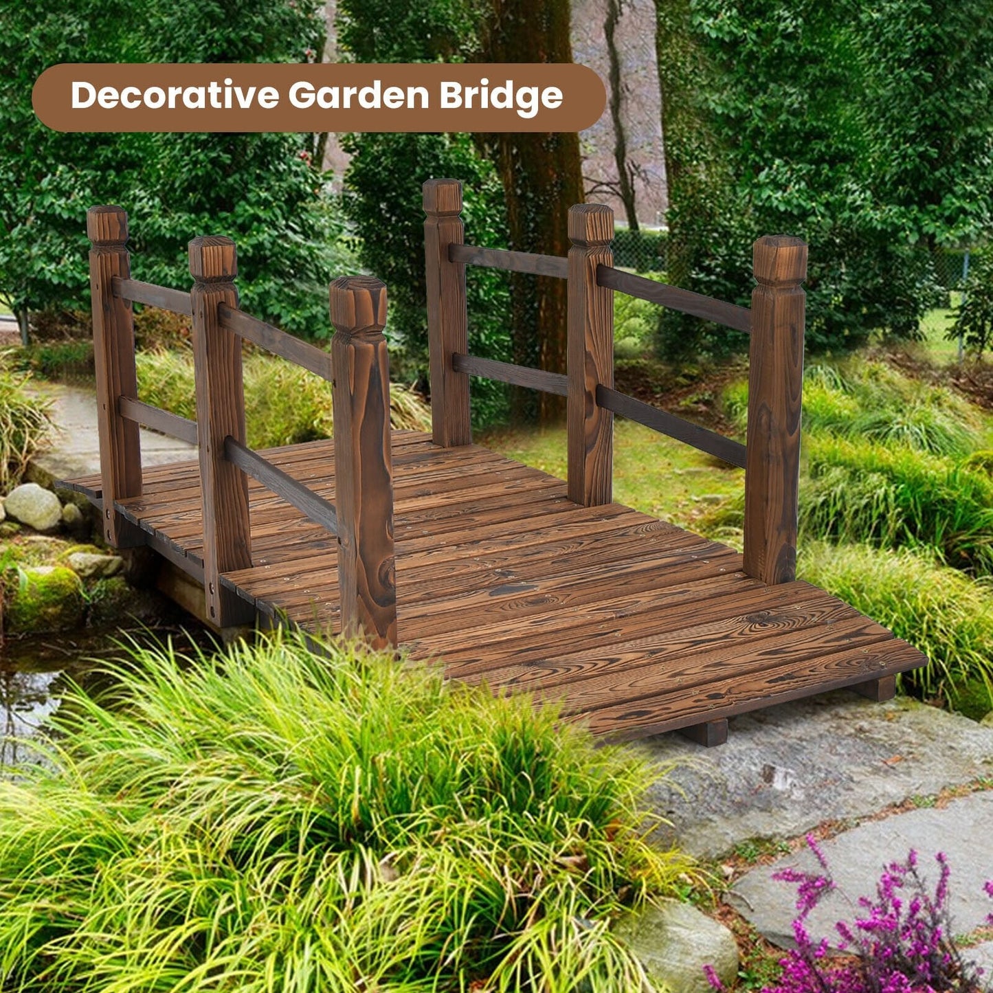 5ft Wooden Garden Bridge with Handrails for Outdoor Decoration and Landscaping - Brown