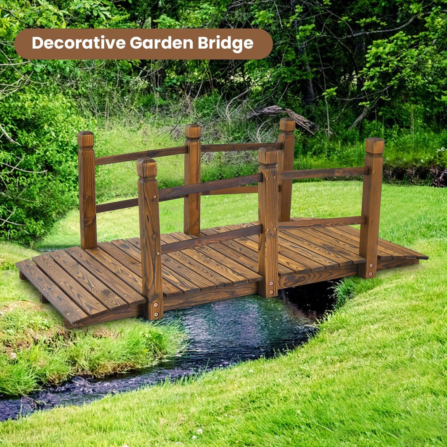 5ft Wooden Garden Bridge with Handrails for Outdoor Decoration and Landscaping - Brown