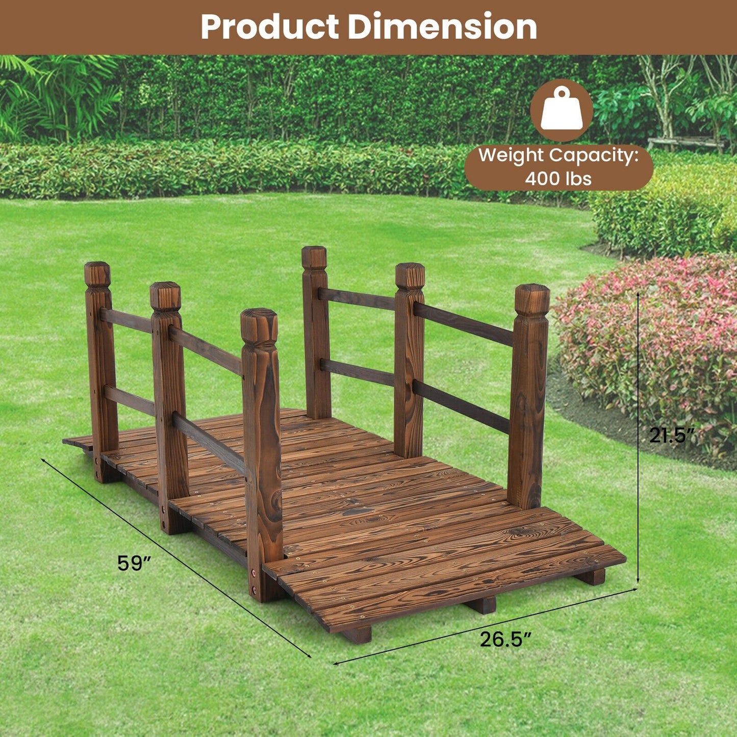 5ft Wooden Garden Bridge with Handrails for Outdoor Decoration and Landscaping - Brown