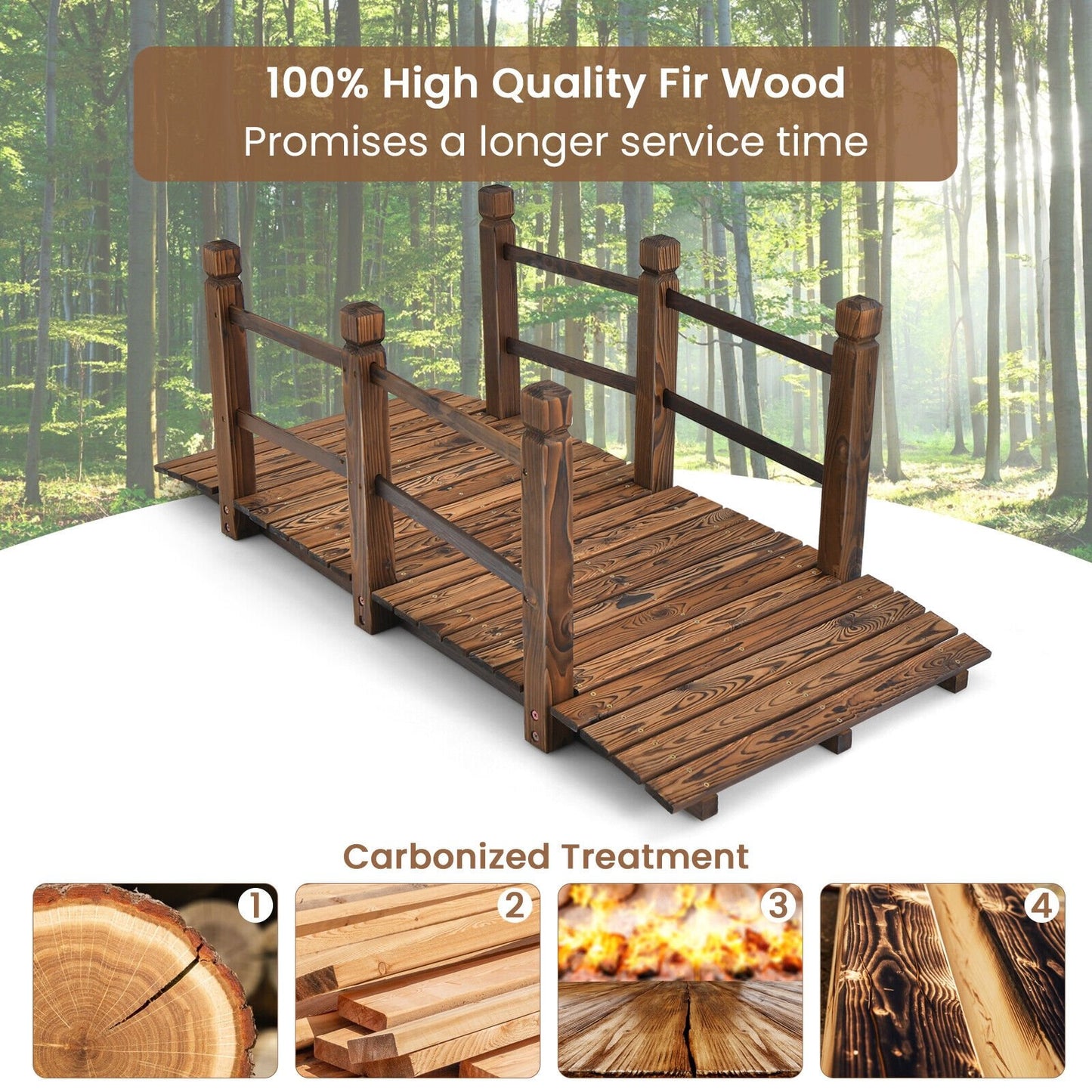 5ft Wooden Garden Bridge with Handrails for Outdoor Decoration and Landscaping - Brown