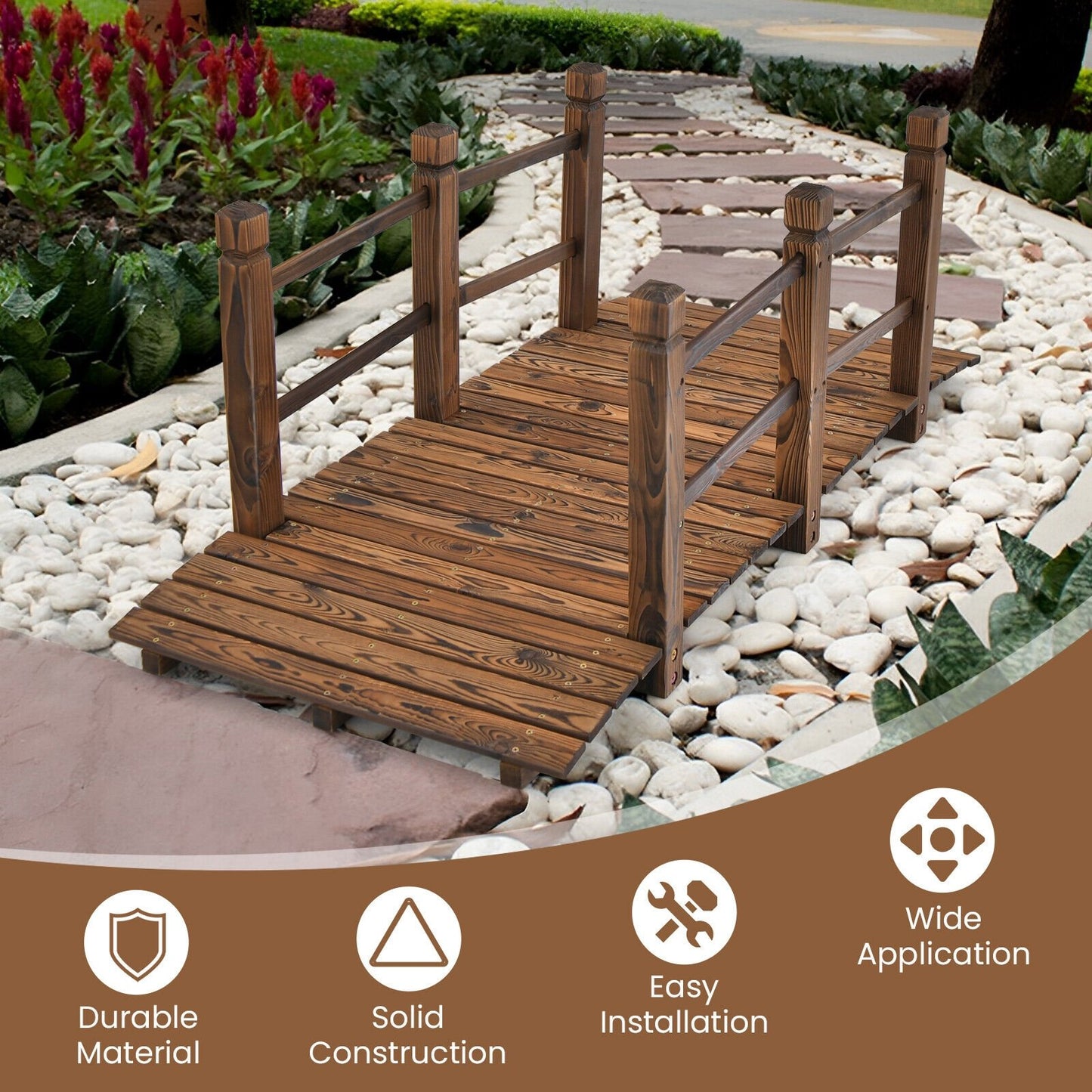 5ft Wooden Garden Bridge with Handrails for Outdoor Decoration and Landscaping - Brown