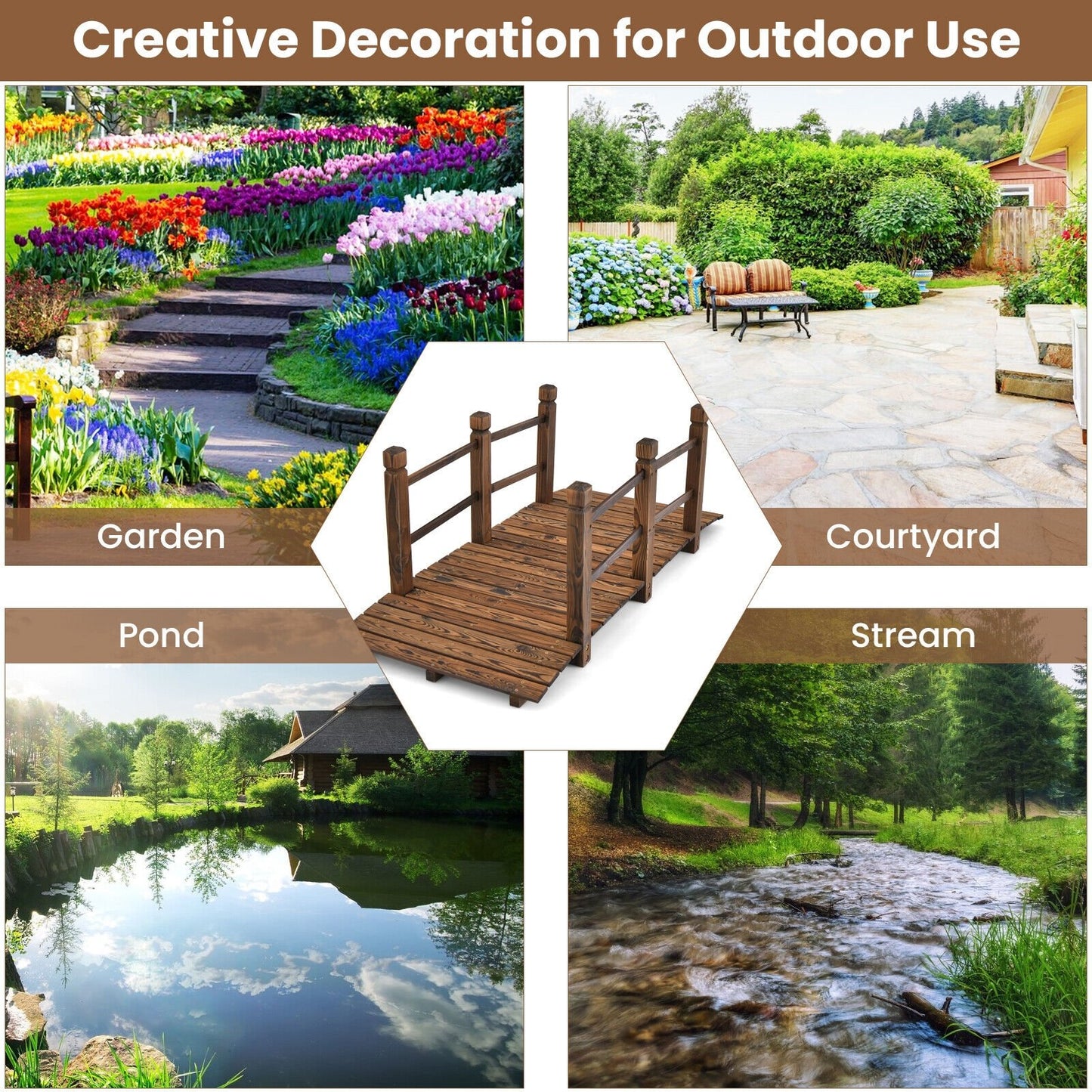 5ft Wooden Garden Bridge with Handrails for Outdoor Decoration and Landscaping - Brown