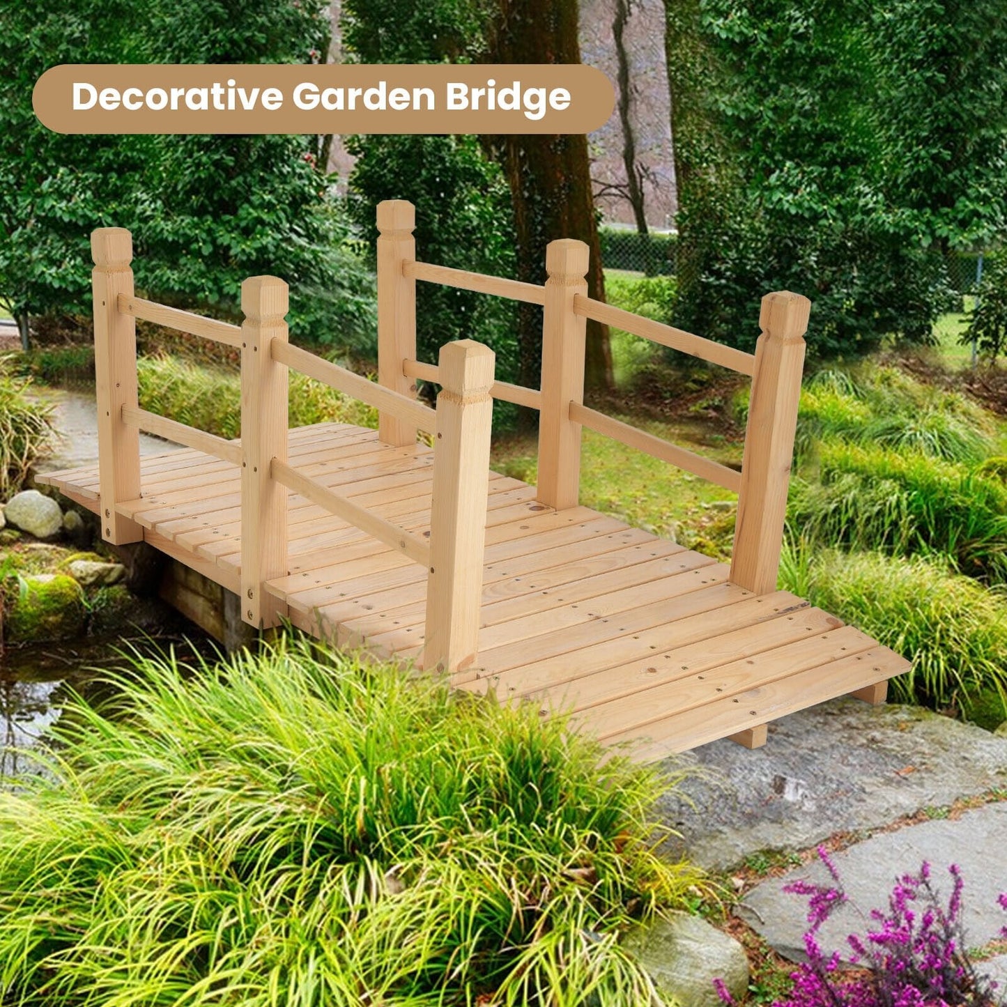 5ft Wooden Garden Bridge with Handrails for Outdoor Decoration and Landscaping - Natural