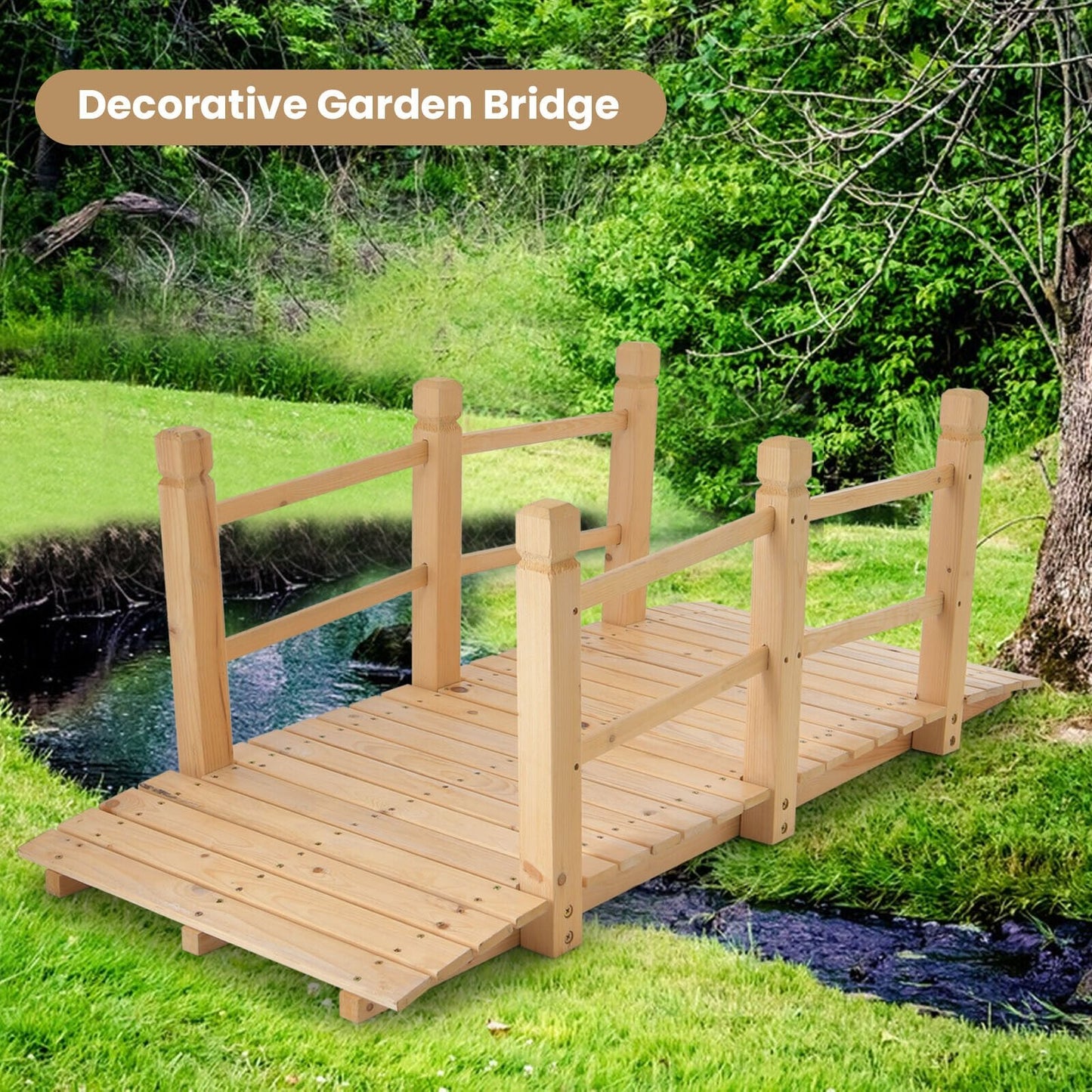 5ft Wooden Garden Bridge with Handrails for Outdoor Decoration and Landscaping - Natural