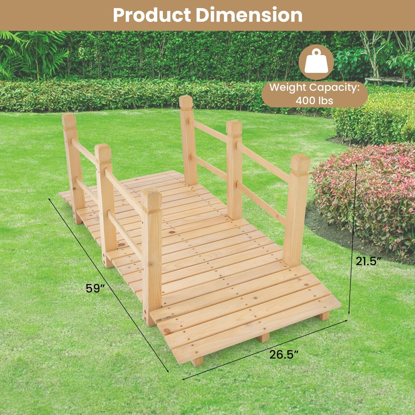 5ft Wooden Garden Bridge with Handrails for Outdoor Decoration and Landscaping - Natural
