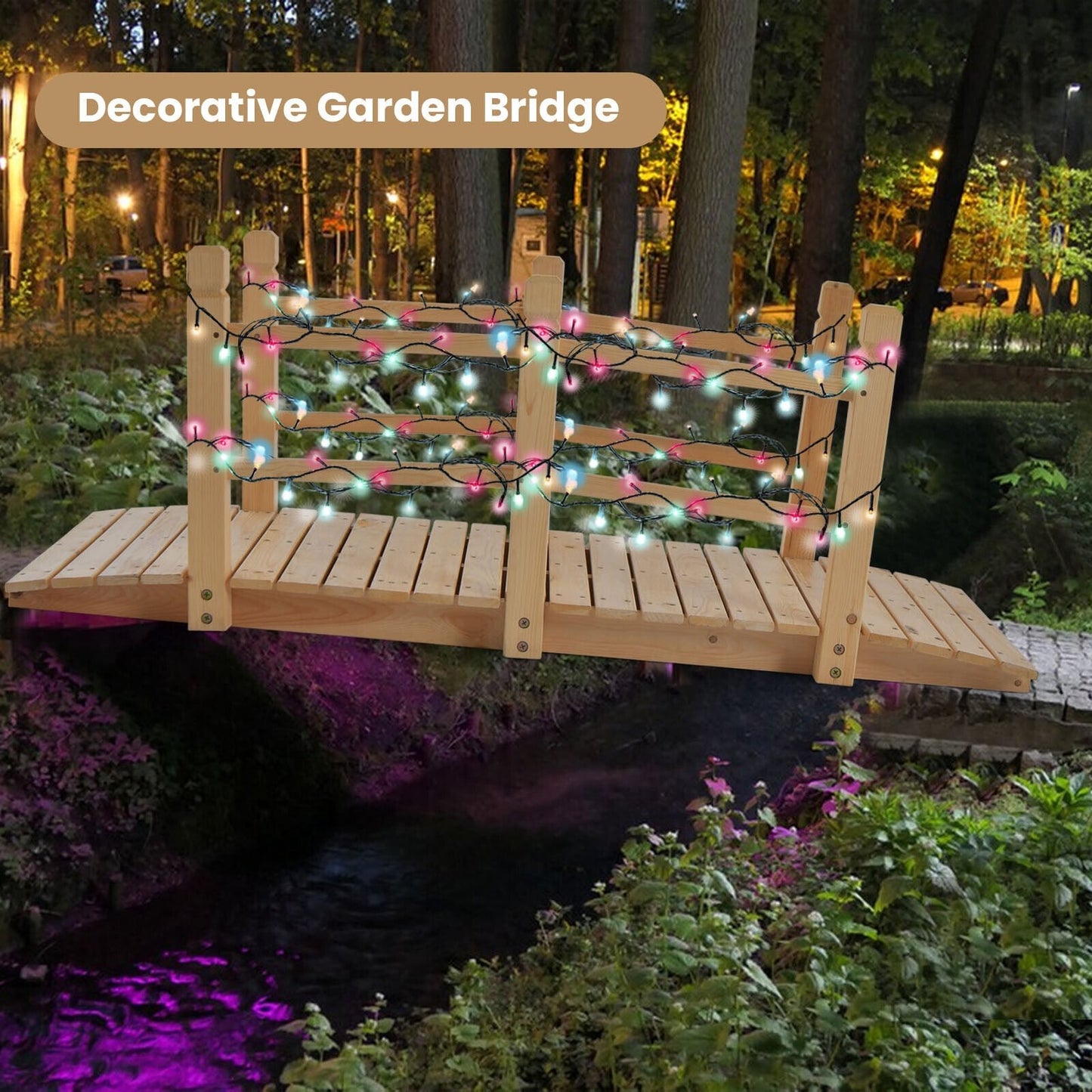 5ft Wooden Garden Bridge with Handrails for Outdoor Decoration and Landscaping - Natural