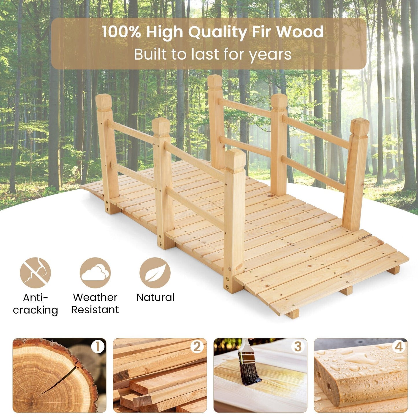 5ft Wooden Garden Bridge with Handrails for Outdoor Decoration and Landscaping - Natural