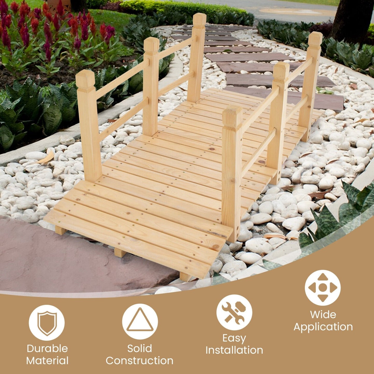 5ft Wooden Garden Bridge with Handrails for Outdoor Decoration and Landscaping - Natural