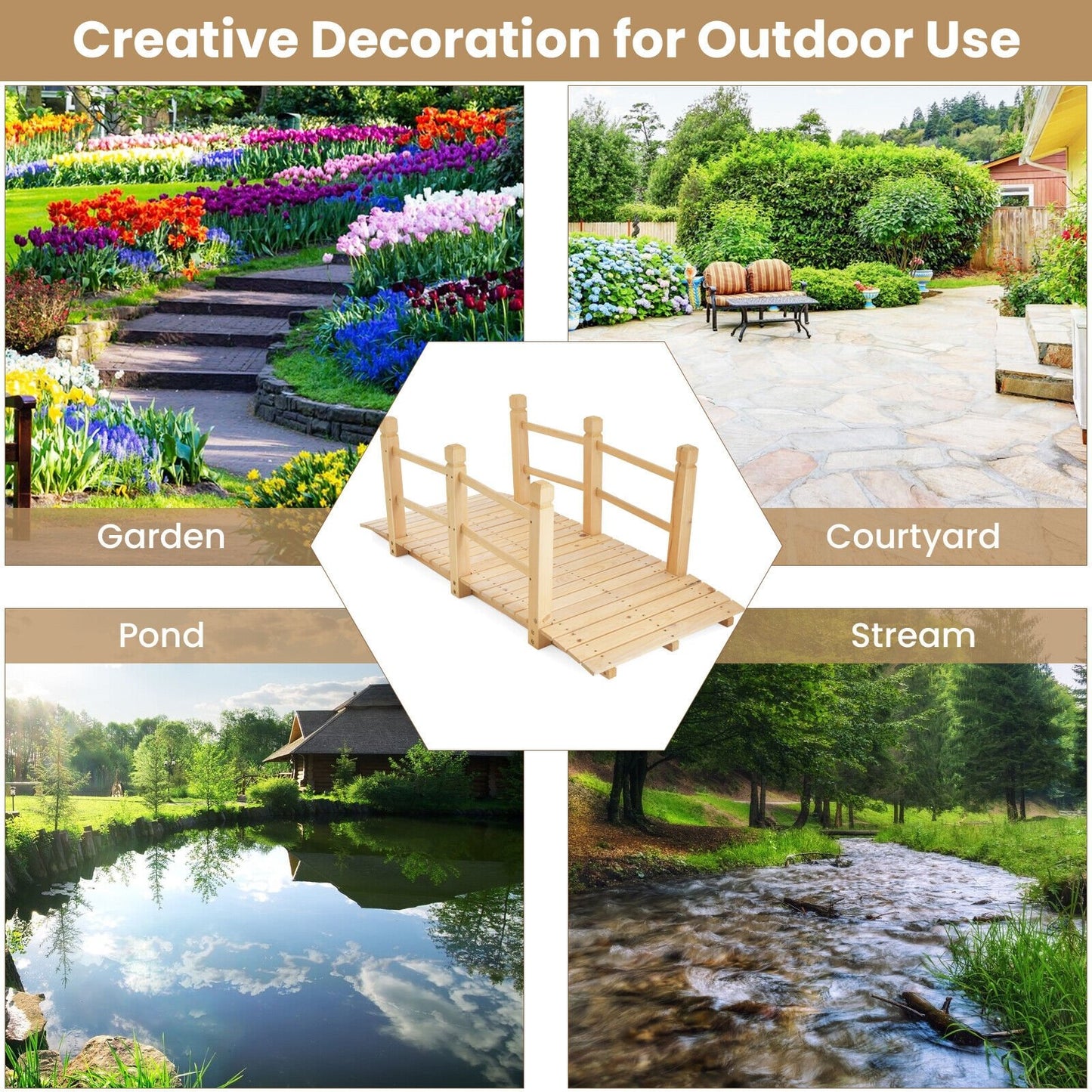 5ft Wooden Garden Bridge with Handrails for Outdoor Decoration and Landscaping - Natural