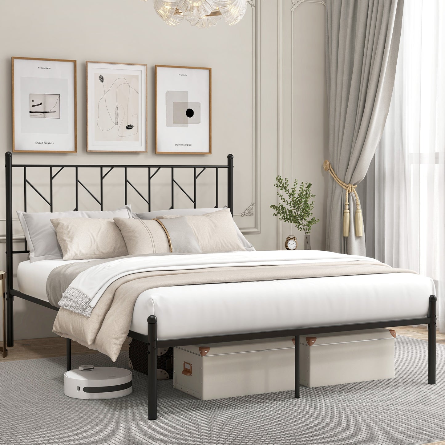 Stylish Branch Shaped Headboard Metal Platform Bed Frame with Sturdy Slat Support – Queen Size
