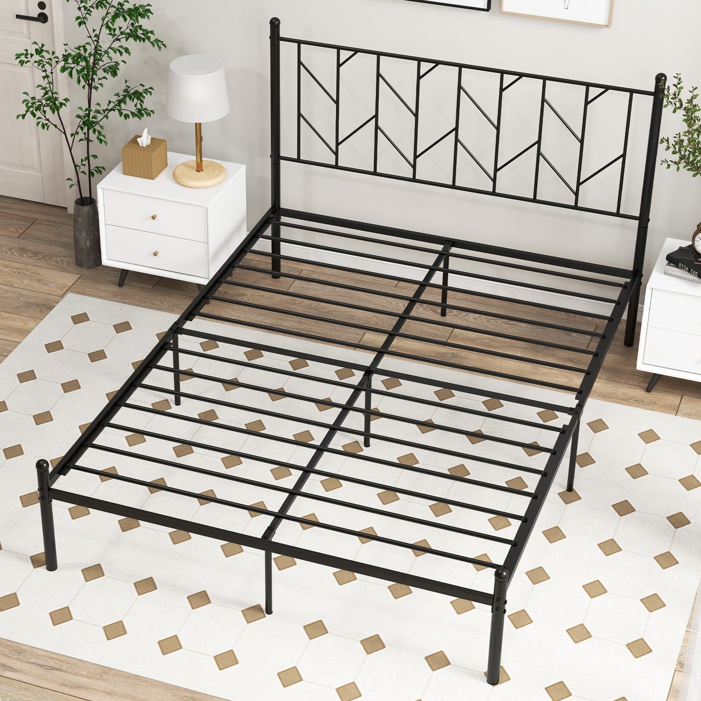 Stylish Branch Shaped Headboard Metal Platform Bed Frame with Sturdy Slat Support – Queen Size