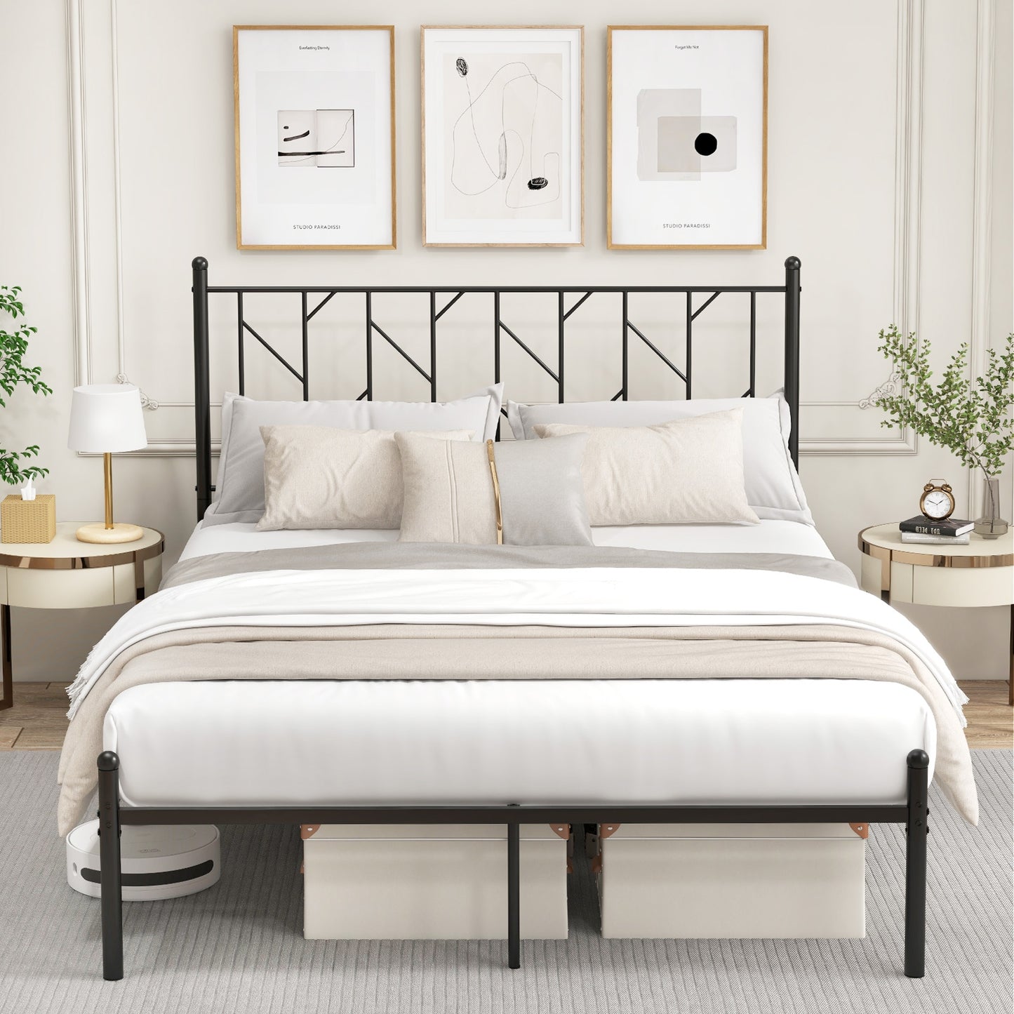 Stylish Branch Shaped Headboard Metal Platform Bed Frame with Sturdy Slat Support – Queen Size