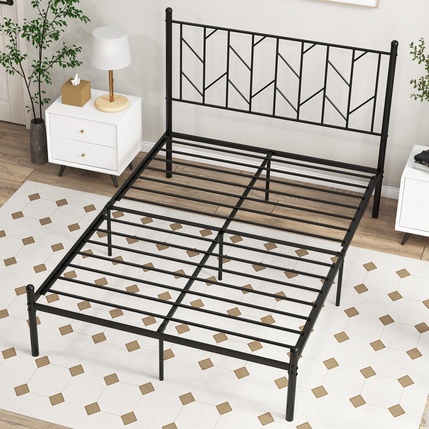 Stylish Branch Shaped Headboard Metal Platform Bed Frame with Sturdy Slat Support – Full Size