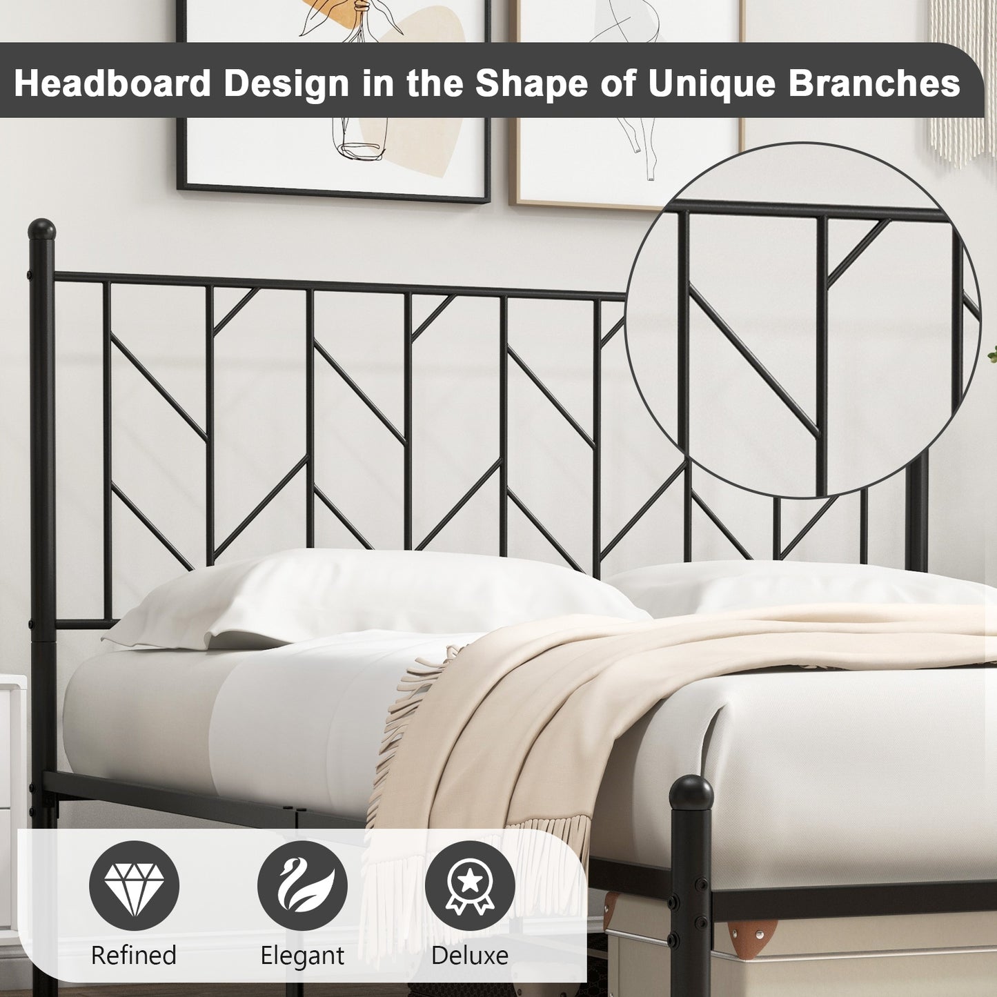 Stylish Branch Shaped Headboard Metal Platform Bed Frame with Sturdy Slat Support – Full Size
