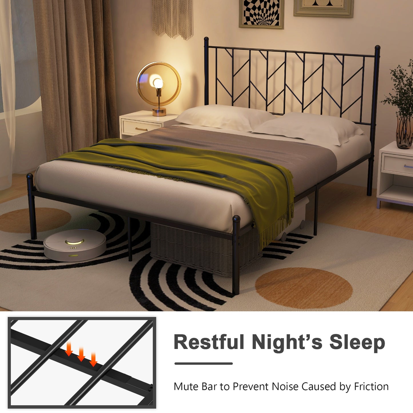 Stylish Branch Shaped Headboard Metal Platform Bed Frame with Sturdy Slat Support – Full Size