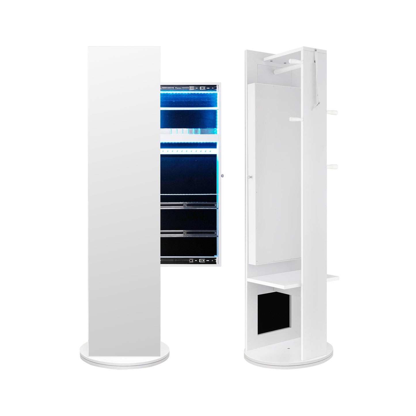 3-in-1 Swivel Jewelry Armoire with Full-Length Mirror, LED Lights and Coat Rack
