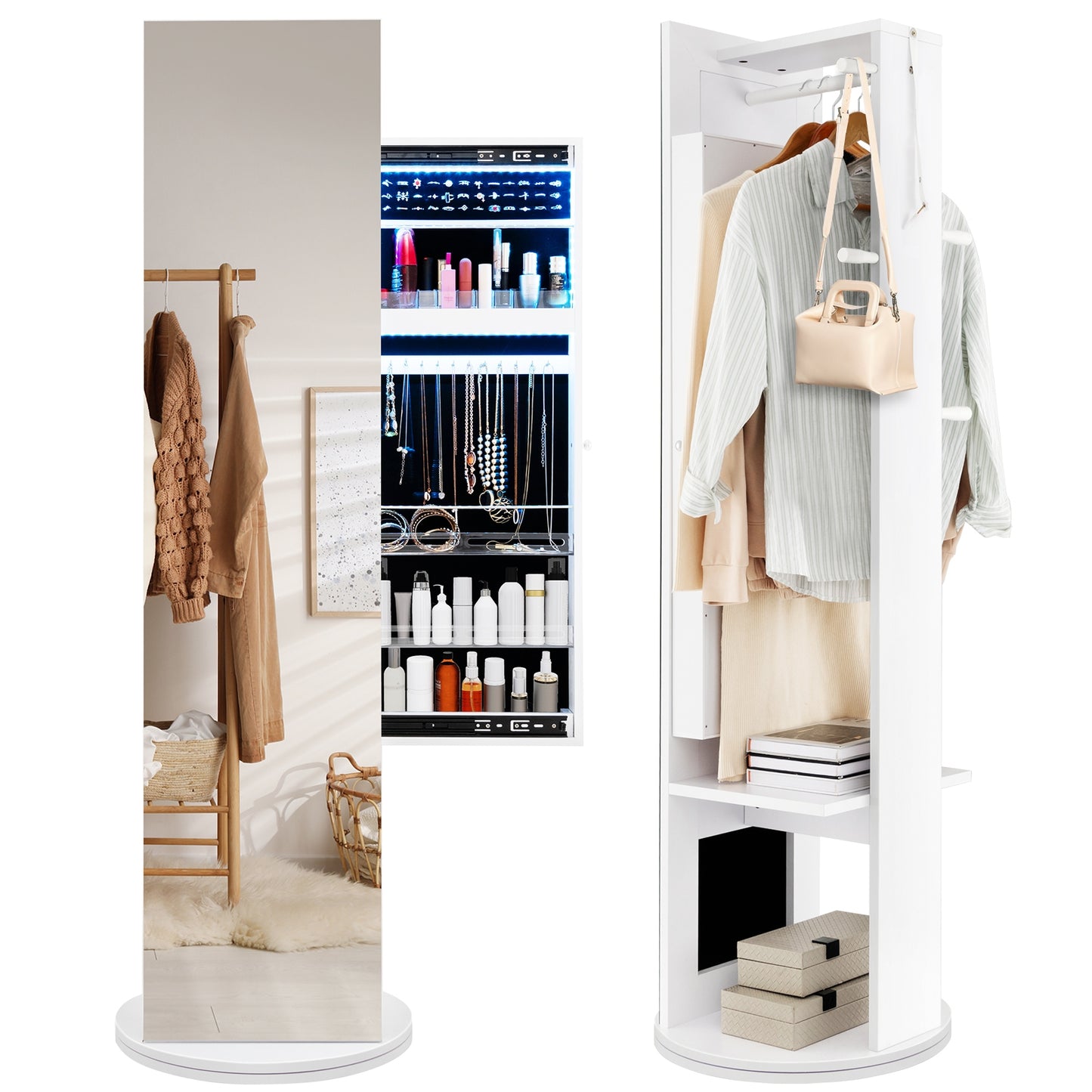 3-in-1 Swivel Jewelry Armoire with Full-Length Mirror, LED Lights and Coat Rack