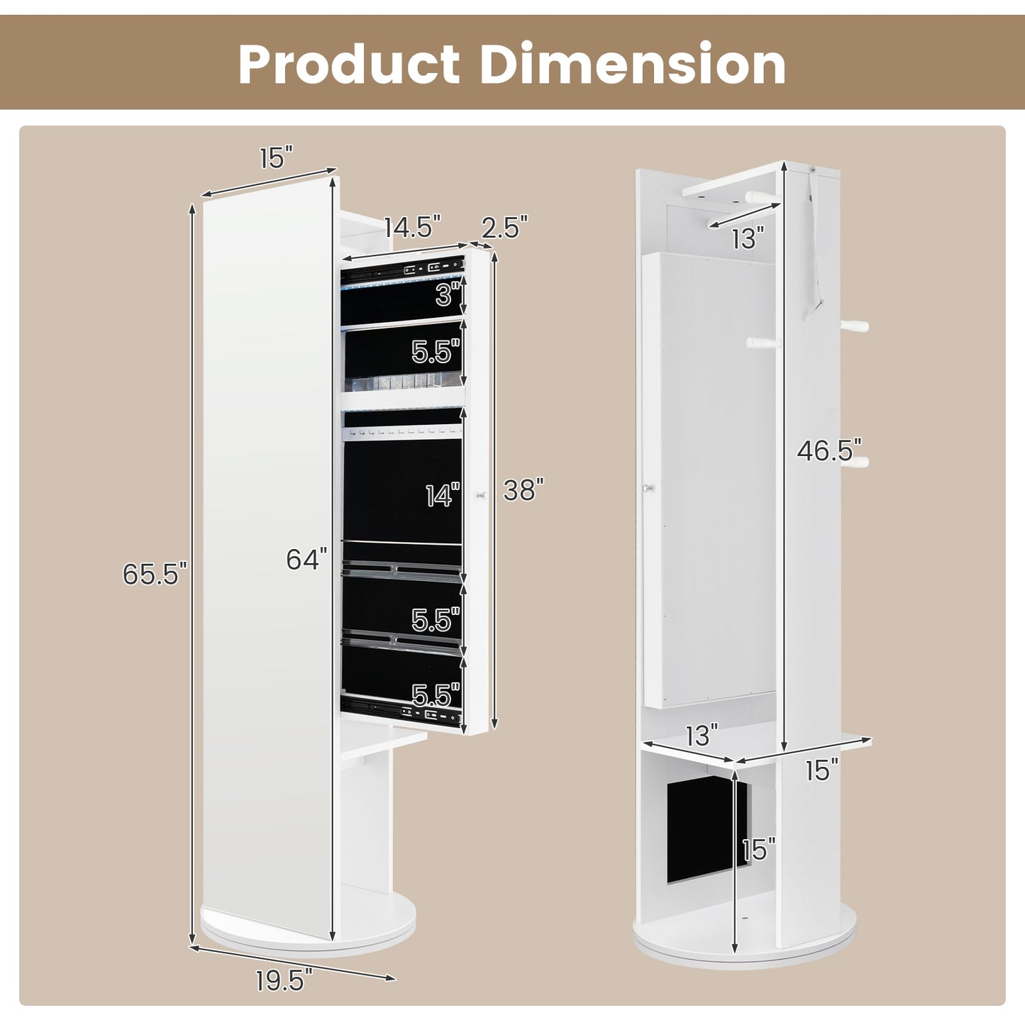 3-in-1 Swivel Jewelry Armoire with Full-Length Mirror, LED Lights and Coat Rack