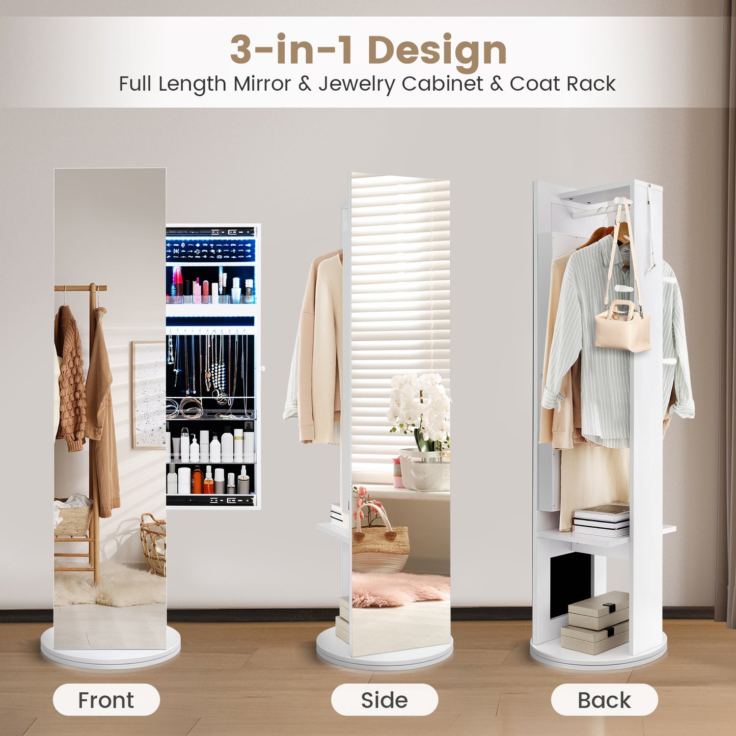3-in-1 Swivel Jewelry Armoire with Full-Length Mirror, LED Lights and Coat Rack