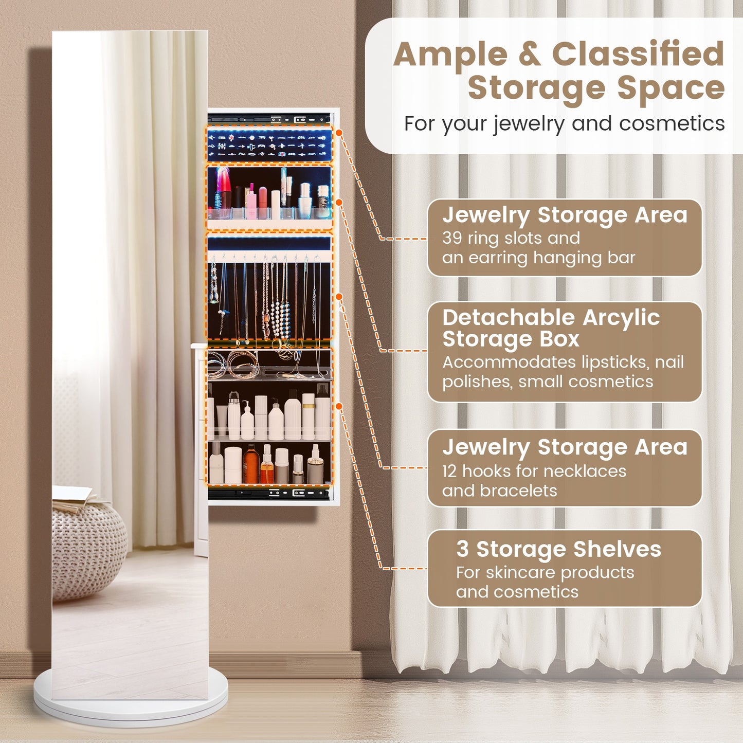 3-in-1 Swivel Jewelry Armoire with Full-Length Mirror, LED Lights and Coat Rack
