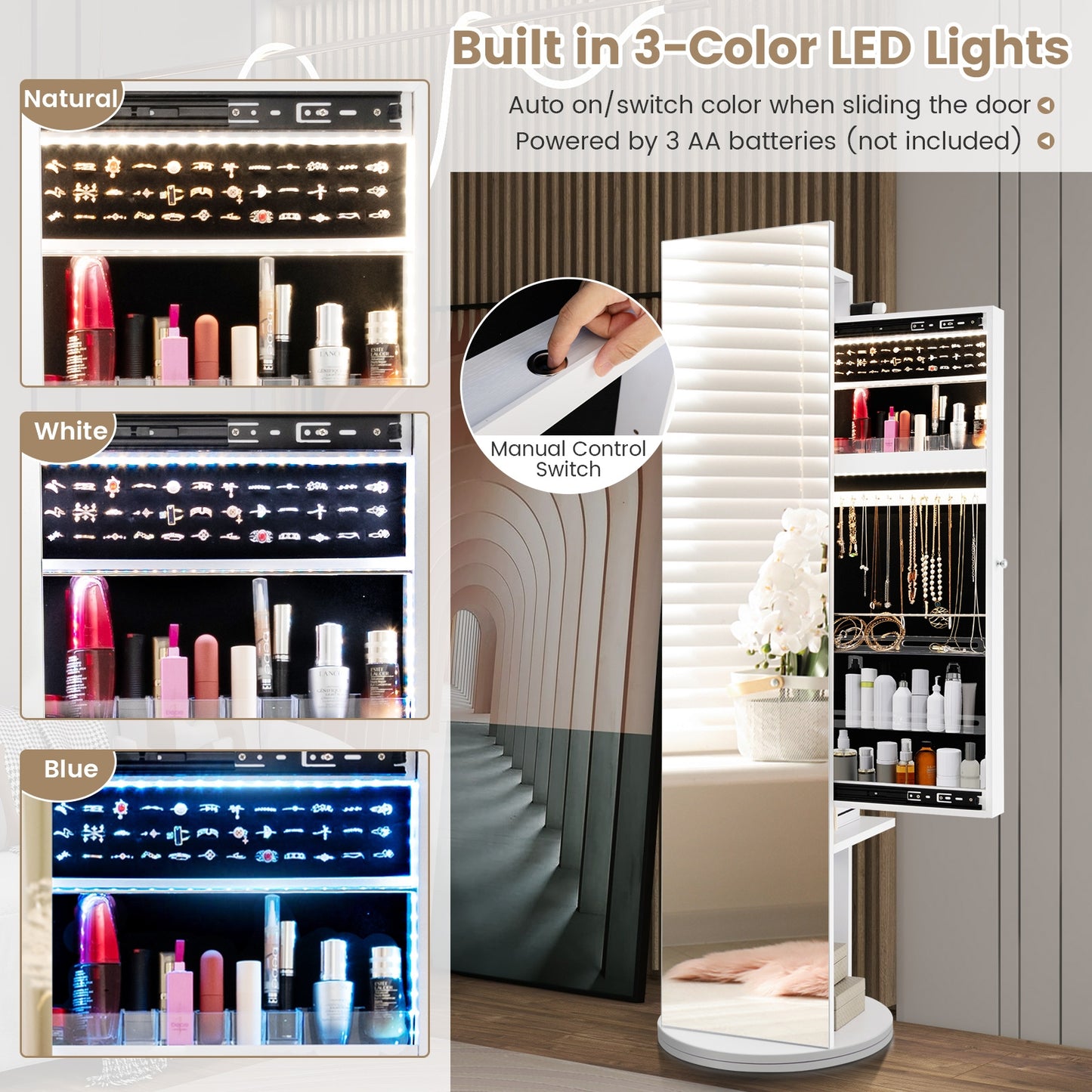 3-in-1 Swivel Jewelry Armoire with Full-Length Mirror, LED Lights and Coat Rack