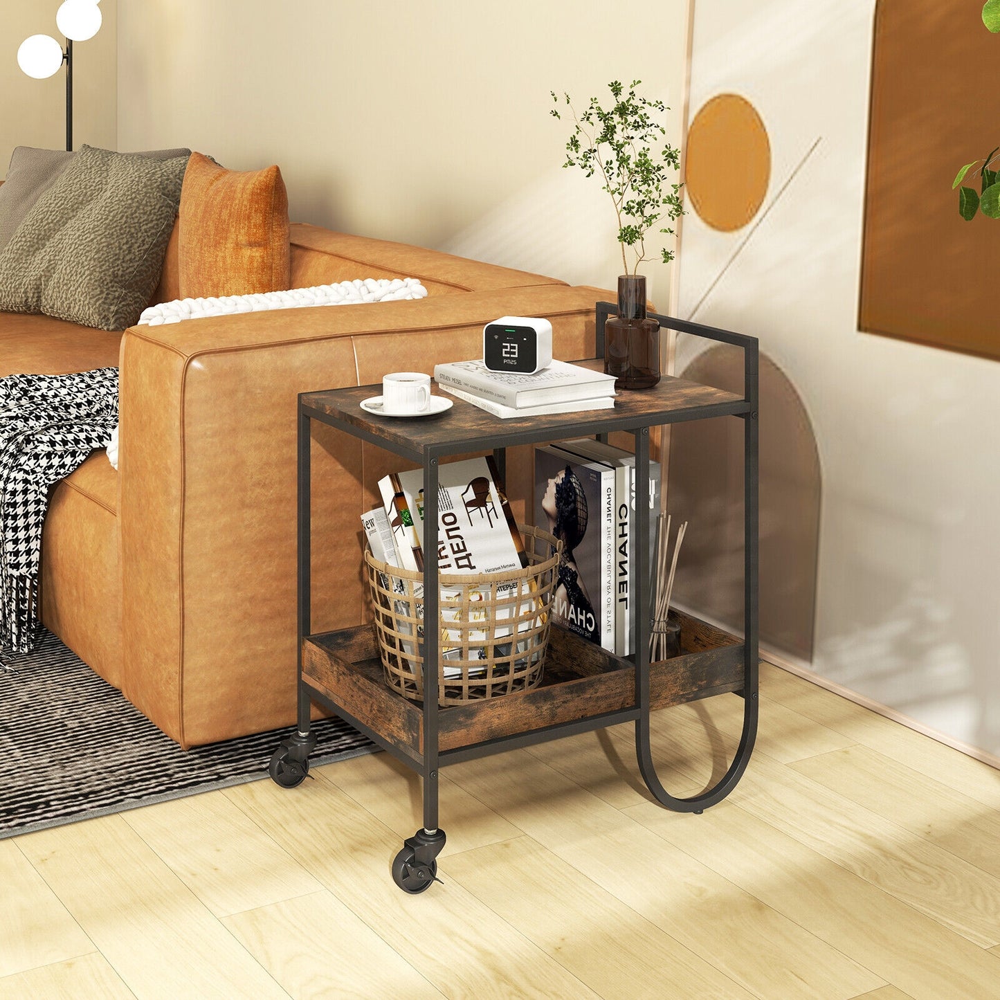 Modern Bar and Serving Cart with Removable Wine Rack and Locking Wheels
