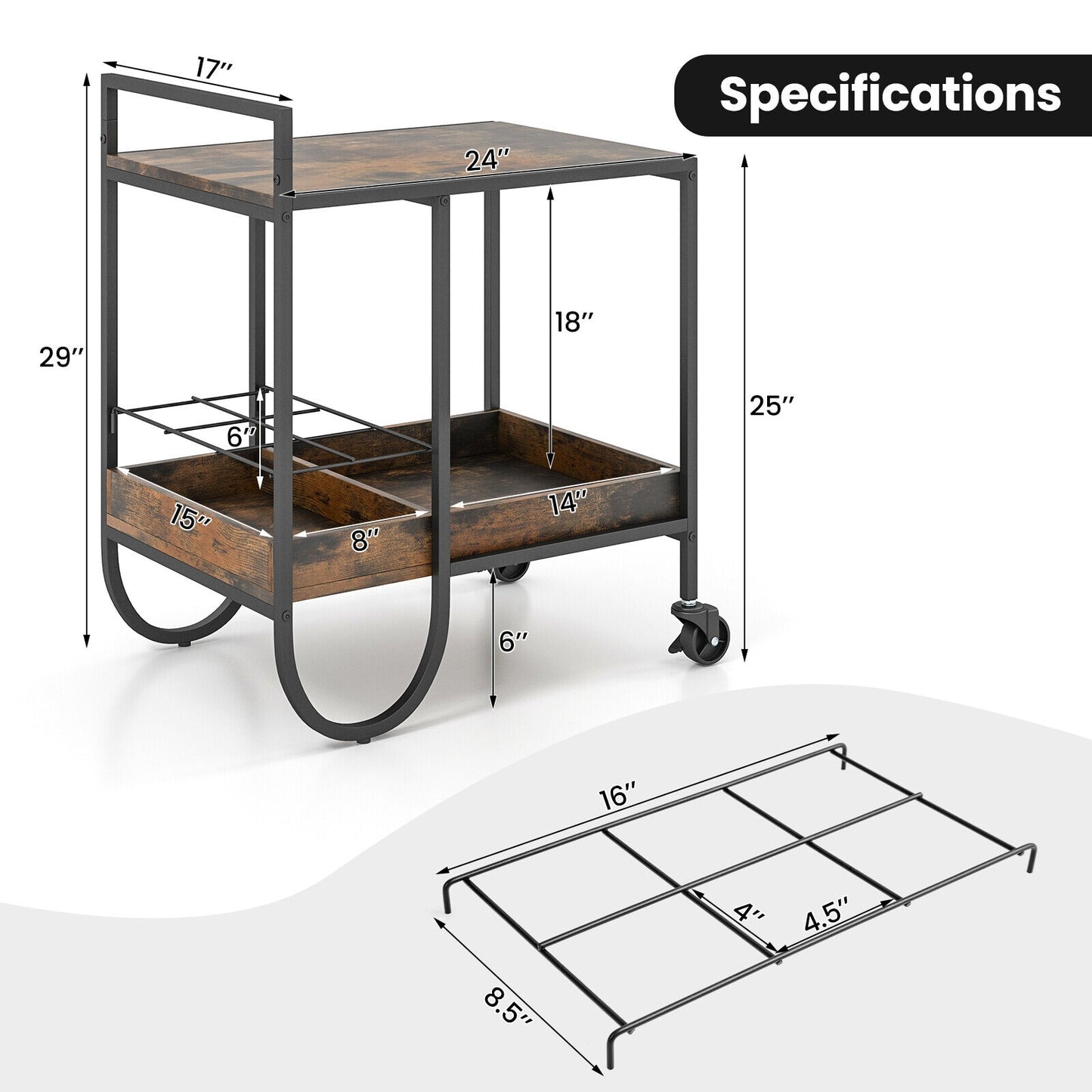 Modern Bar and Serving Cart with Removable Wine Rack and Locking Wheels