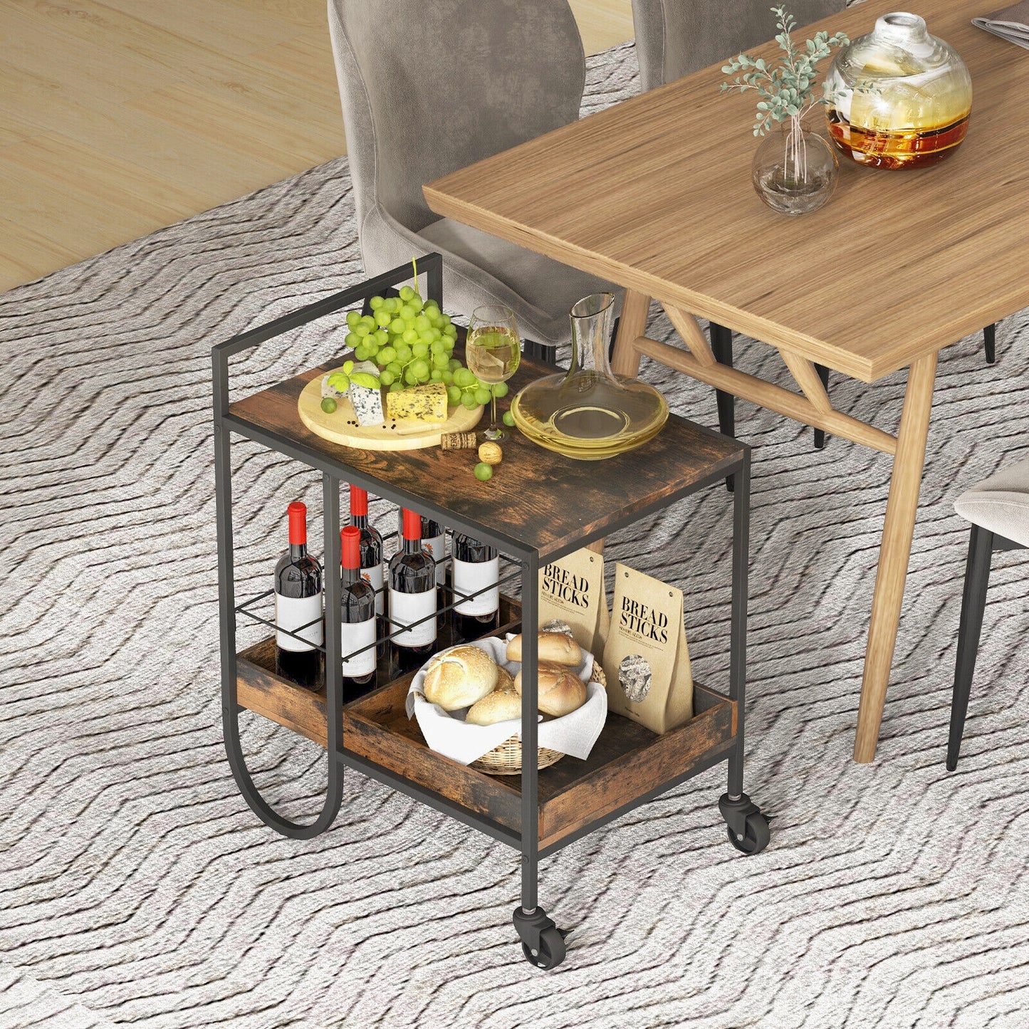 Modern Bar and Serving Cart with Removable Wine Rack and Locking Wheels