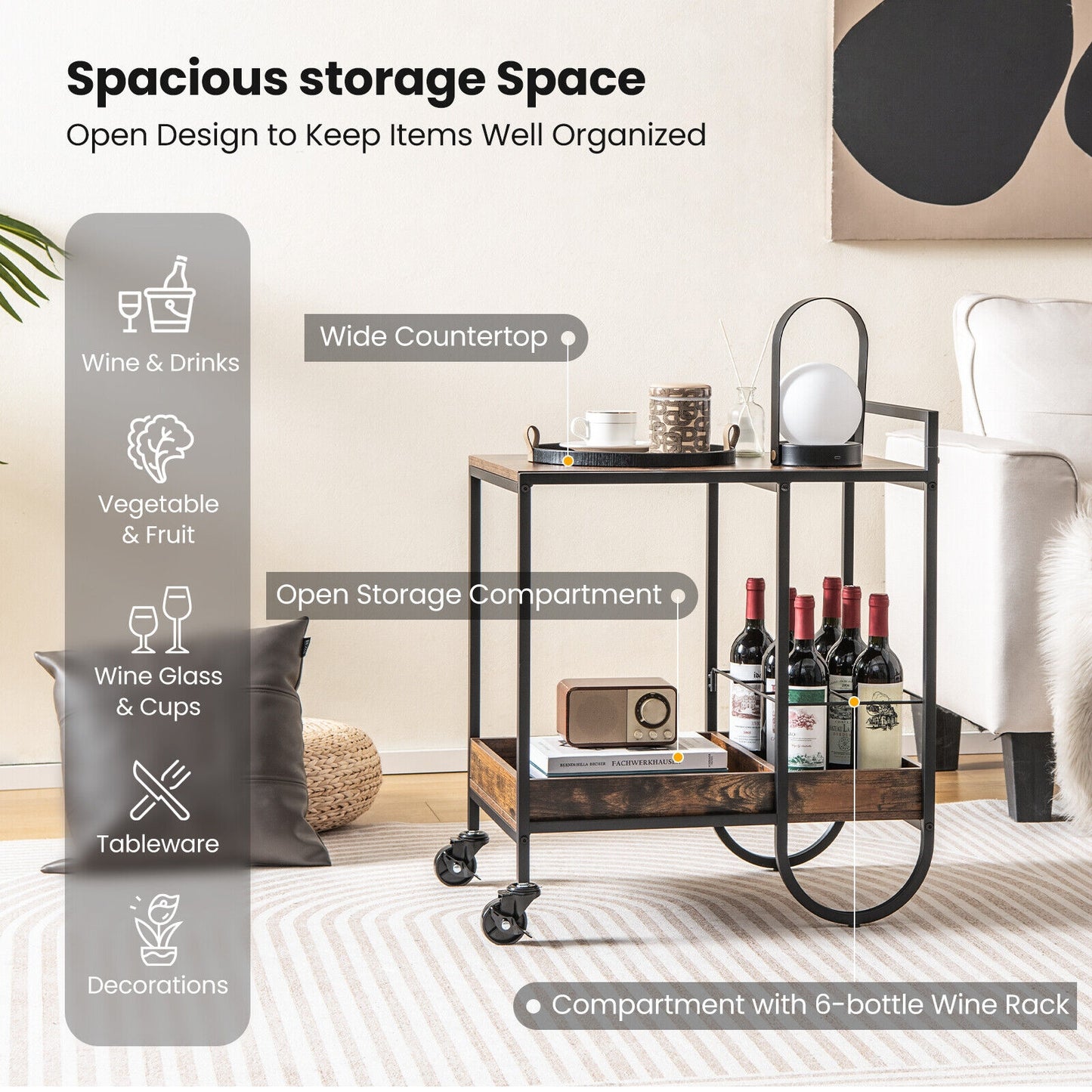 Modern Bar and Serving Cart with Removable Wine Rack and Locking Wheels