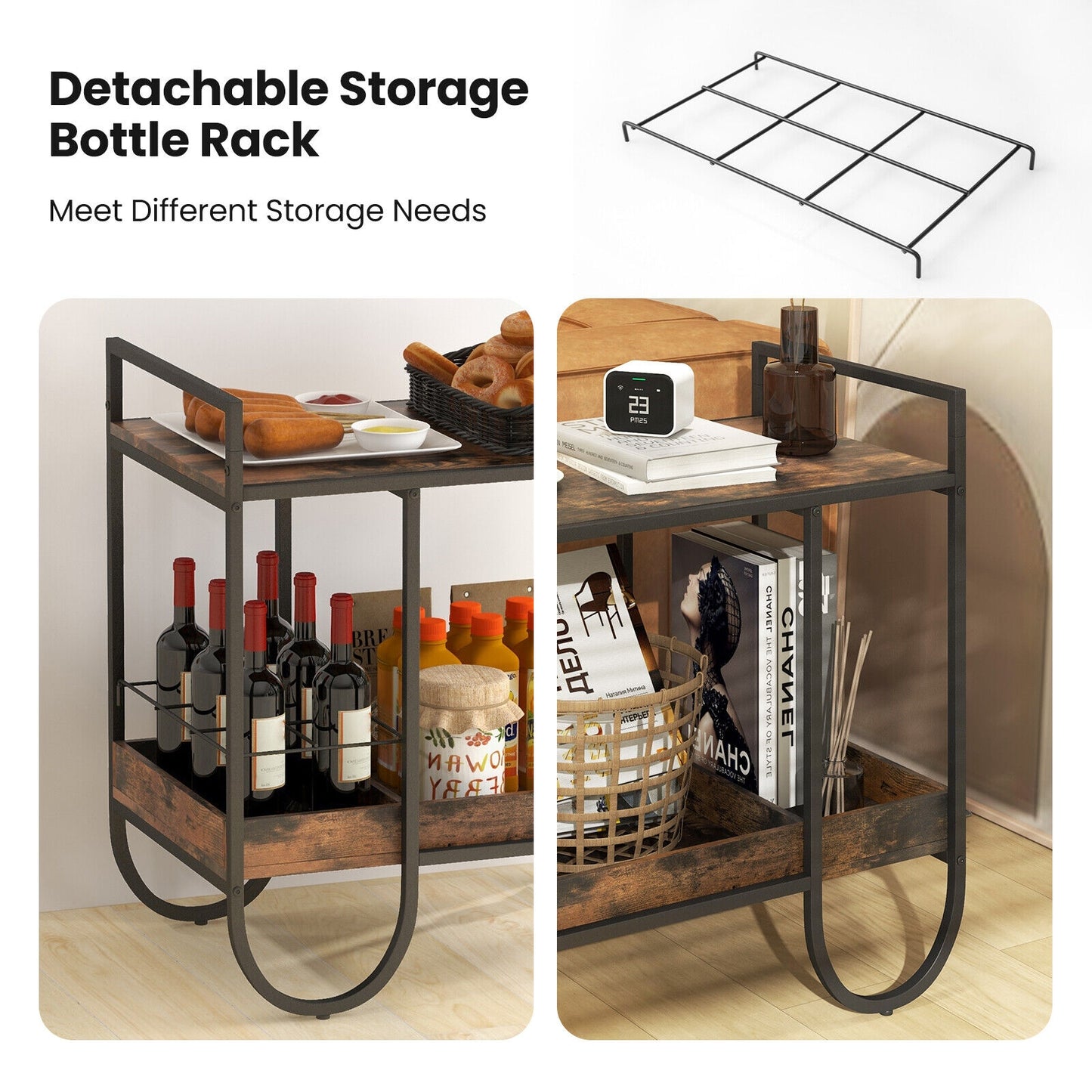 Modern Bar and Serving Cart with Removable Wine Rack and Locking Wheels