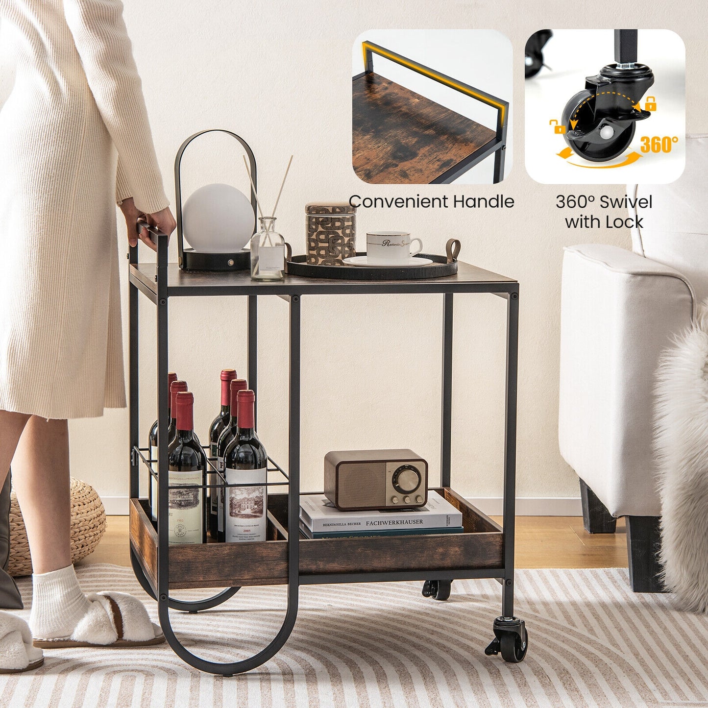 Modern Bar and Serving Cart with Removable Wine Rack and Locking Wheels