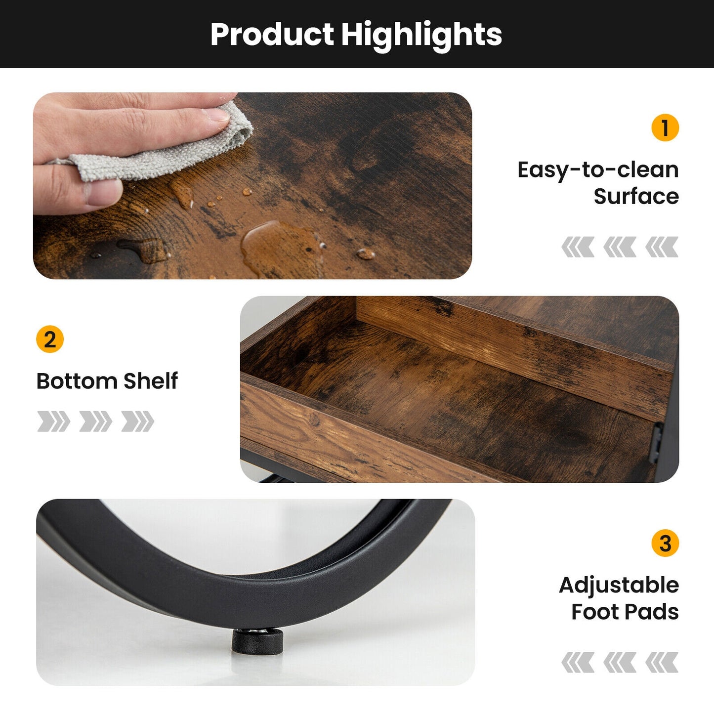 Product highlights of a wooden shelf with ease of cleaning, bottom shelf visibility, and adjustable foot pads features.