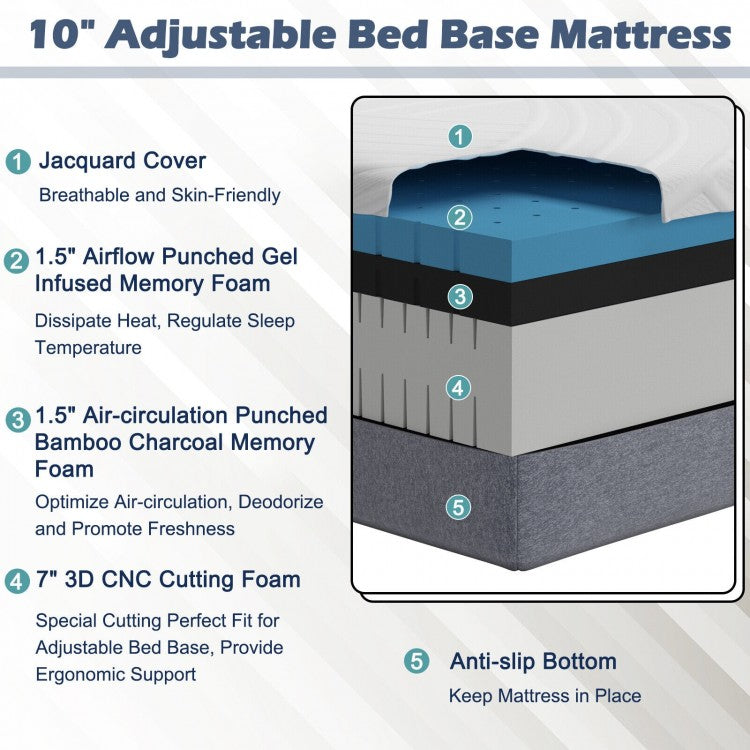 Twin XL Adjustable Bed Mattress with Gel Memory Foam & Convoluted Foam for Enhanced Comfort