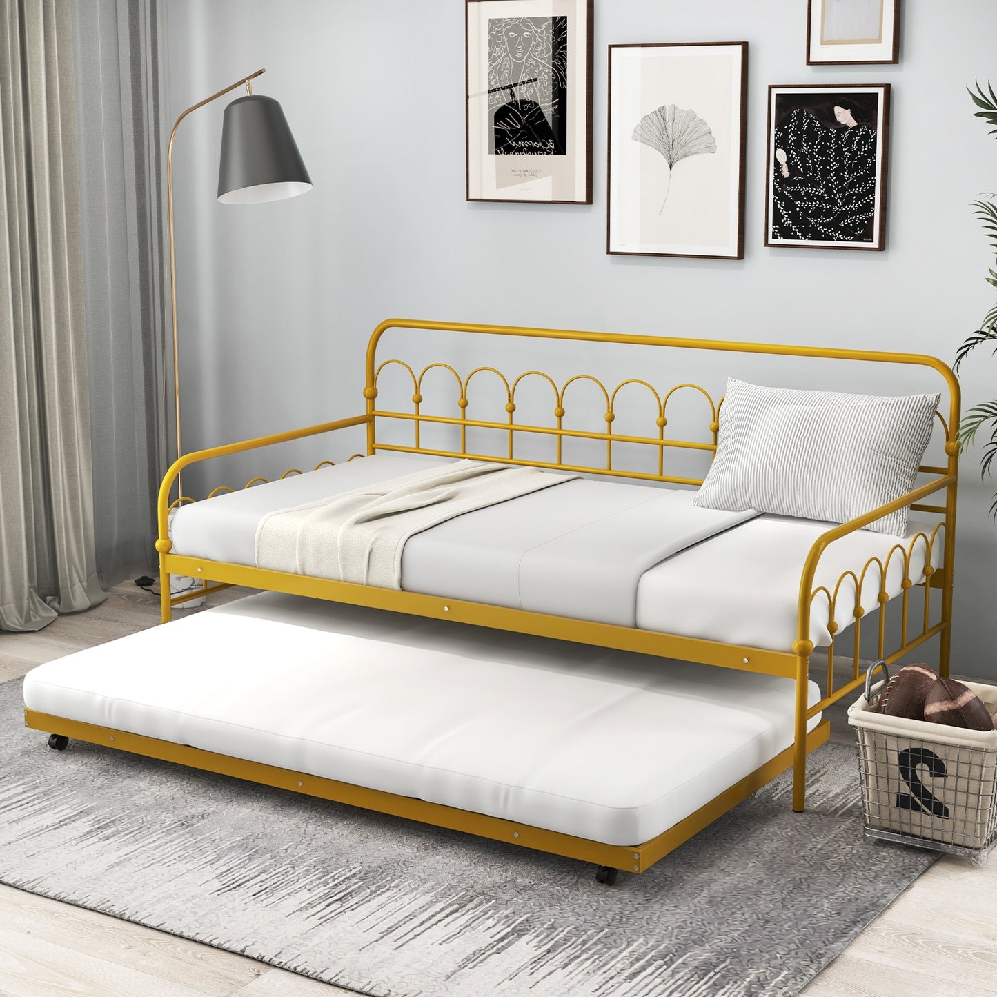 Golden Metal Twin Daybed with Trundle and Lockable Wheels – Space-Saving Sofa and Guest Bed