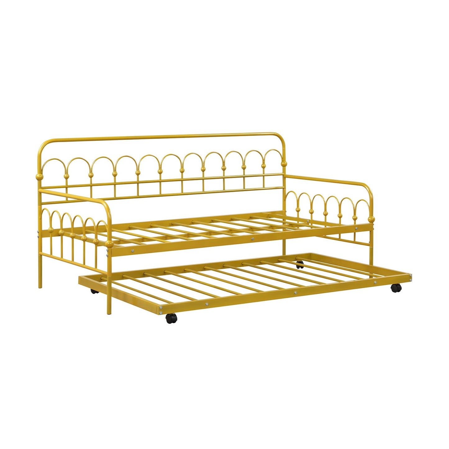 Golden Metal Twin Daybed with Trundle and Lockable Wheels – Space-Saving Sofa and Guest Bed