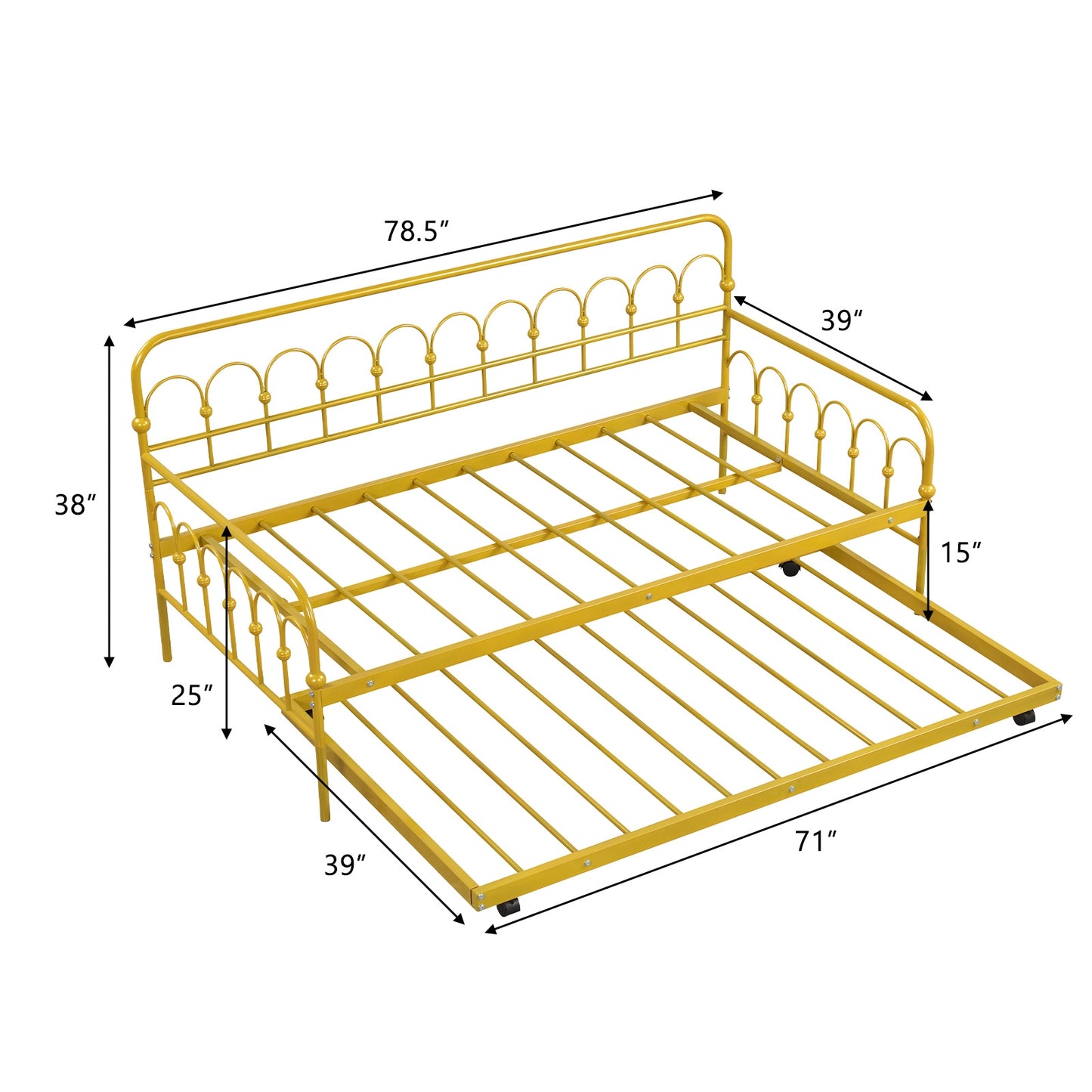 Golden Metal Twin Daybed with Trundle and Lockable Wheels – Space-Saving Sofa and Guest Bed