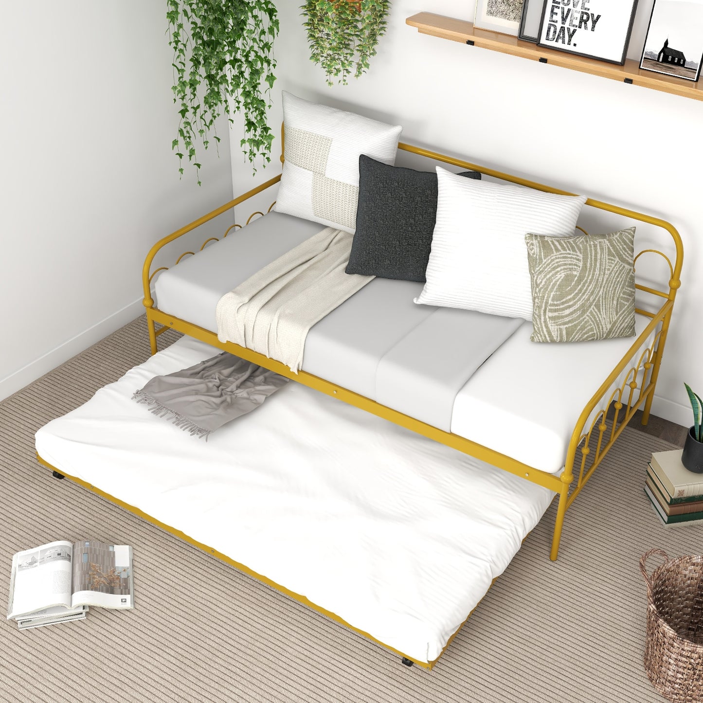 Golden Metal Twin Daybed with Trundle and Lockable Wheels – Space-Saving Sofa and Guest Bed