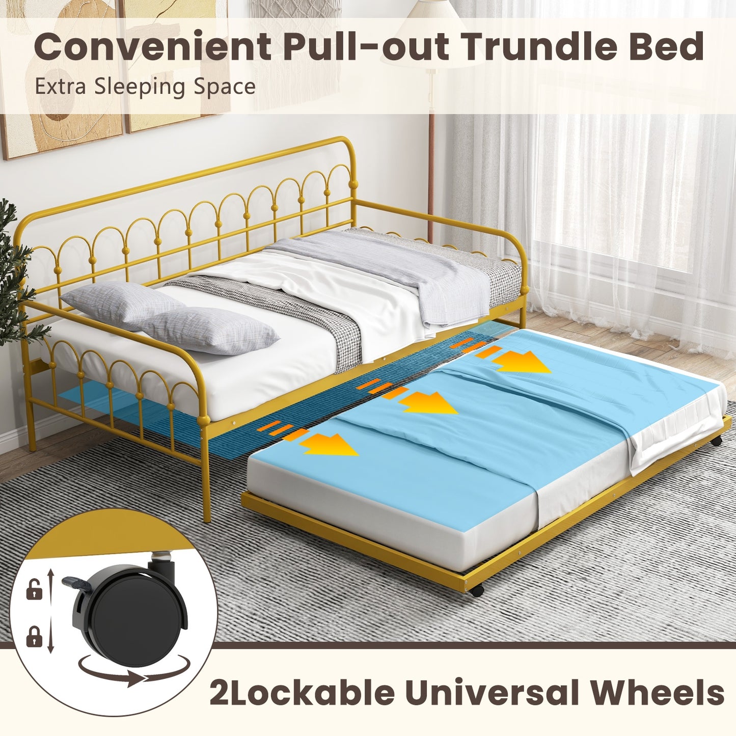 Golden Metal Twin Daybed with Trundle and Lockable Wheels – Space-Saving Sofa and Guest Bed