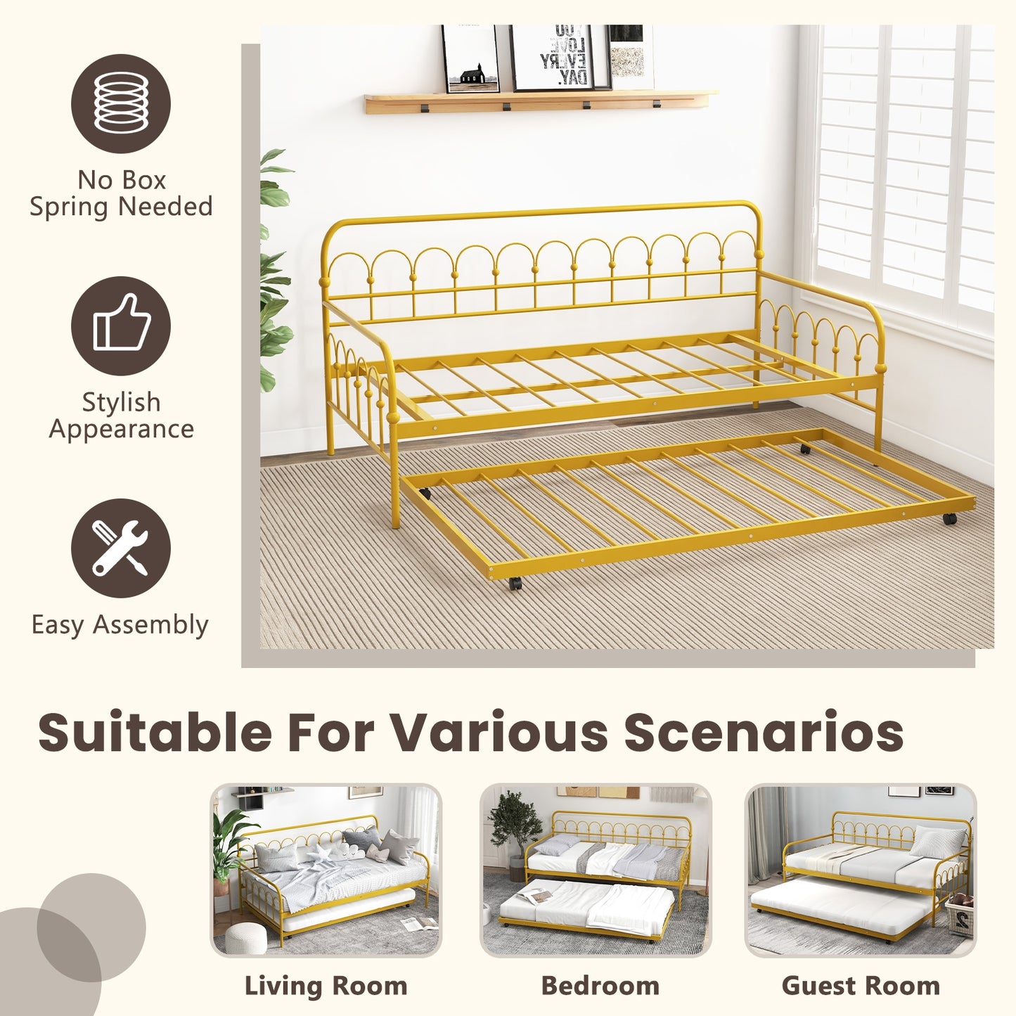 Golden Metal Twin Daybed with Trundle and Lockable Wheels – Space-Saving Sofa and Guest Bed