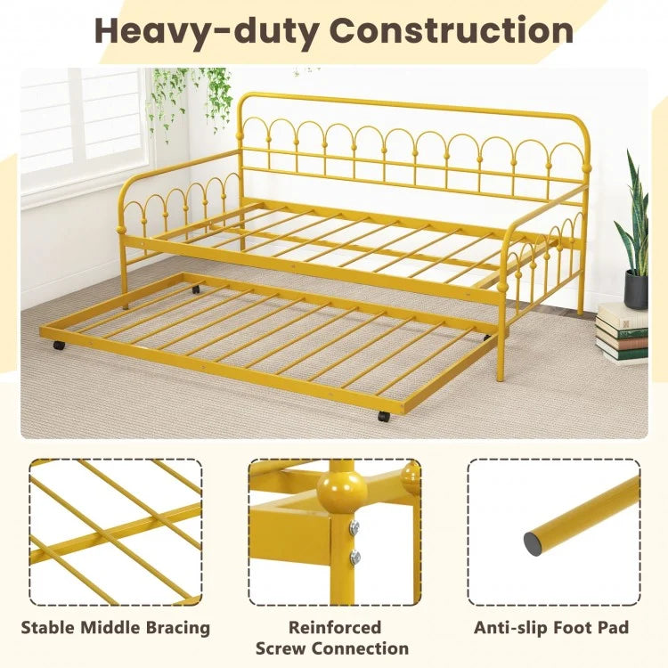 Golden Metal Twin Daybed with Trundle and Lockable Wheels – Space-Saving Sofa and Guest Bed
