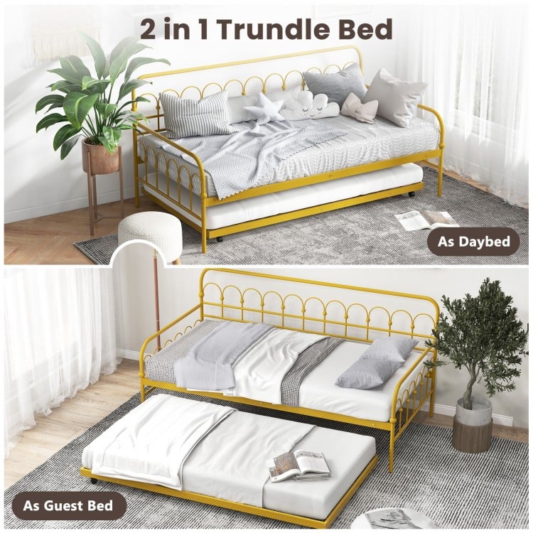 Golden Metal Twin Daybed with Trundle and Lockable Wheels – Space-Saving Sofa and Guest Bed