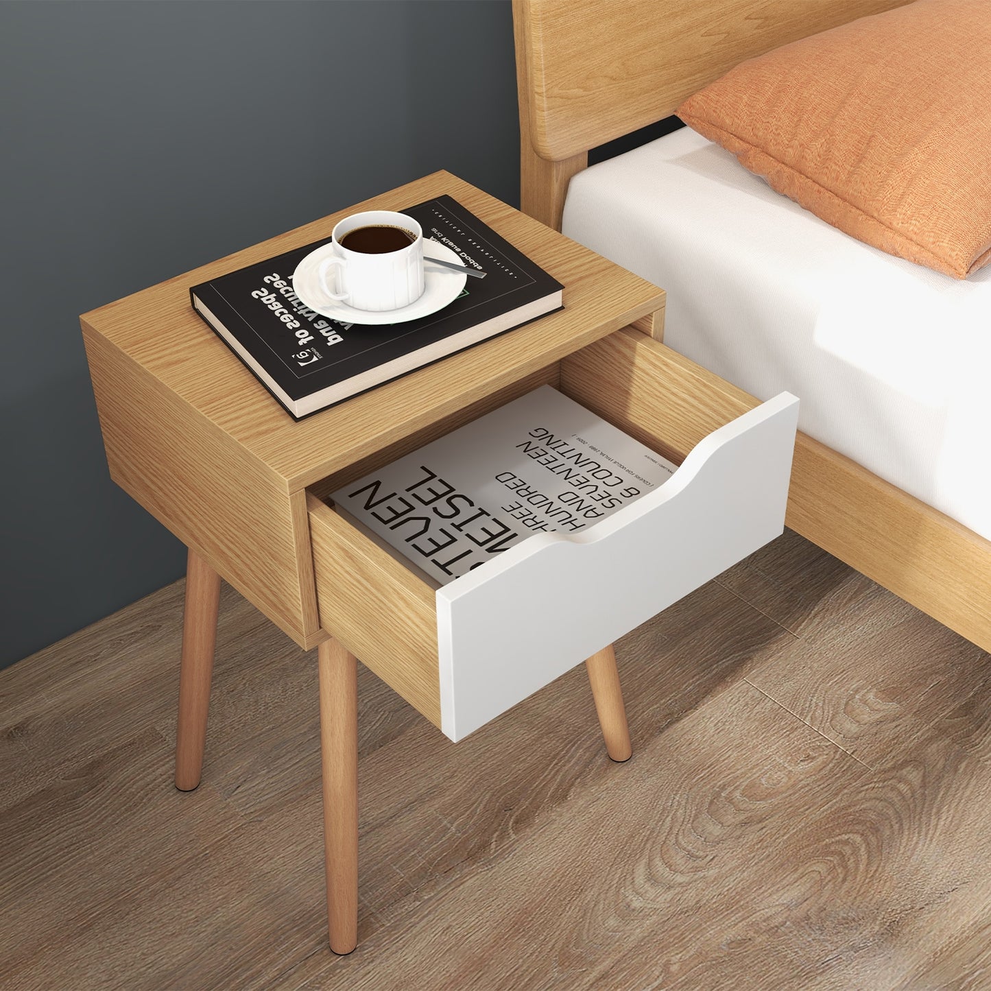 Mid Century Modern Nightstand with Storage Drawer for Bedroom or Living Room