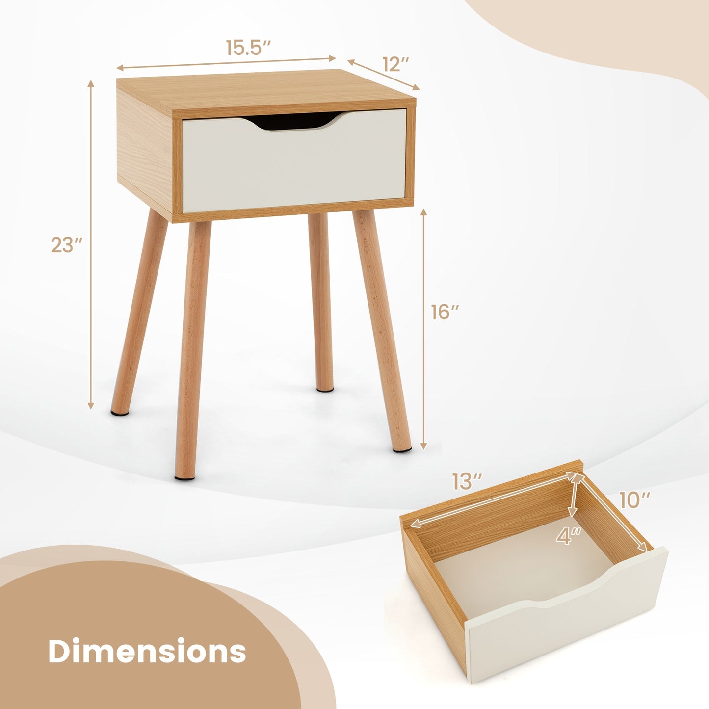 Mid Century Modern Nightstand with Storage Drawer for Bedroom or Living Room
