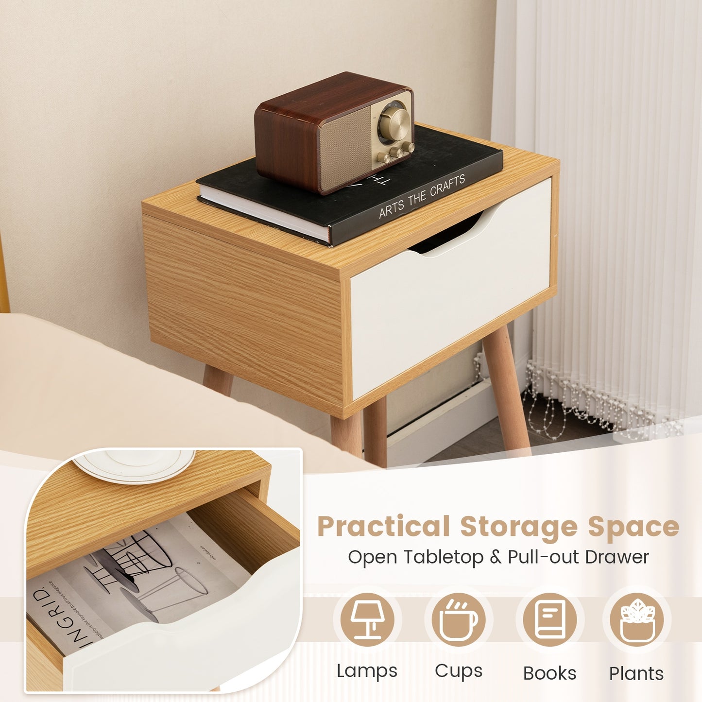 Mid Century Modern Nightstand with Storage Drawer for Bedroom or Living Room