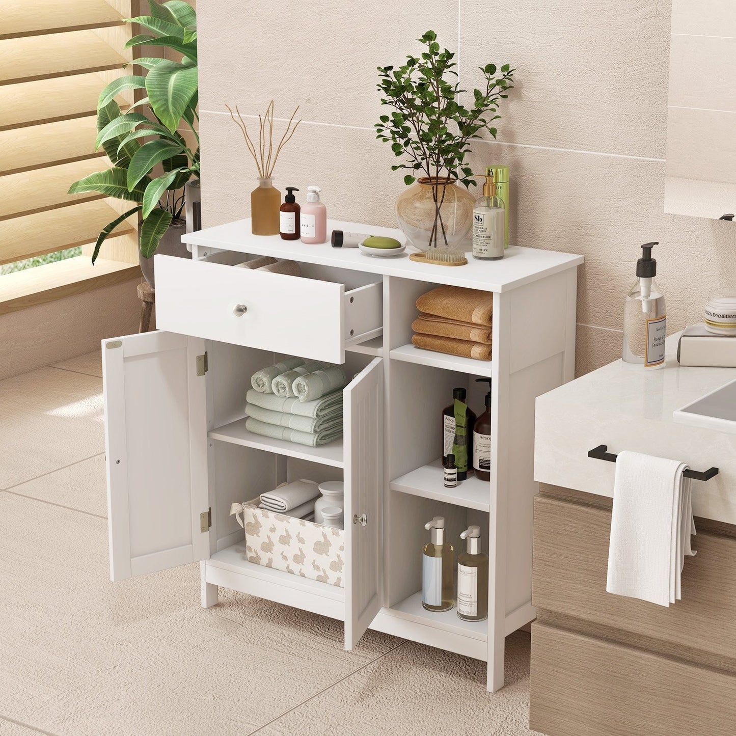 5-Shelf Freestanding Storage Cabinet with Adjustable Shelf, Drawer & Open Compartments