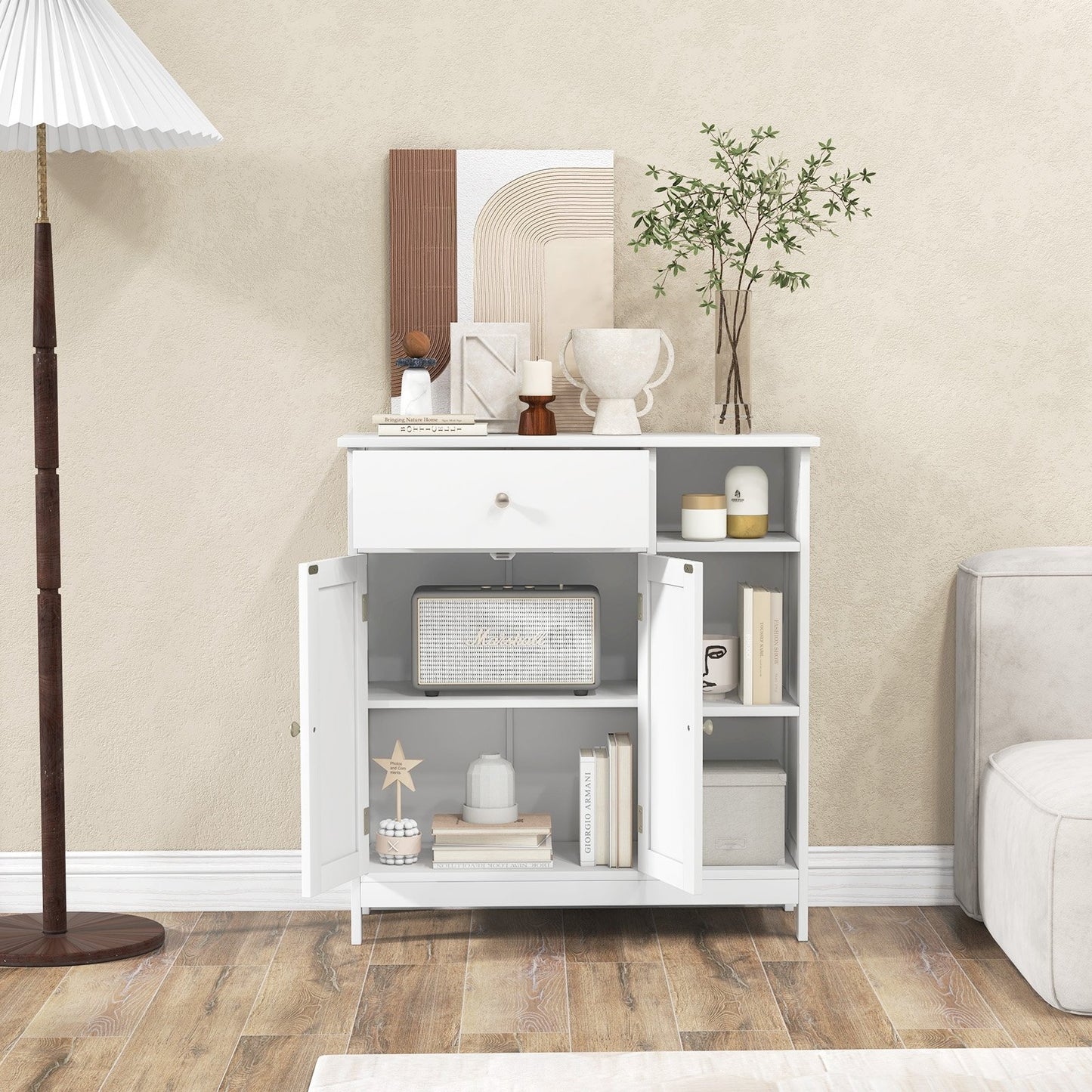 5-Shelf Freestanding Storage Cabinet with Adjustable Shelf, Drawer & Open Compartments