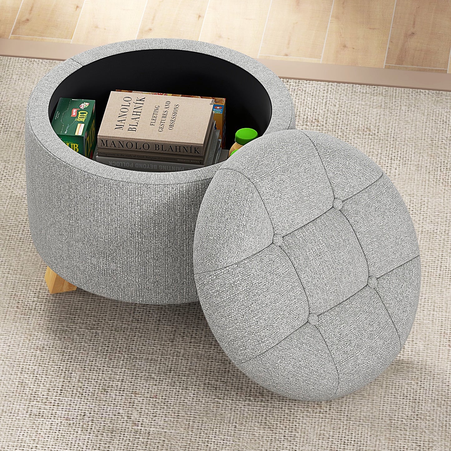 Round Upholstered Storage Ottoman with Tufted Seat and Solid Rubber Wood Legs