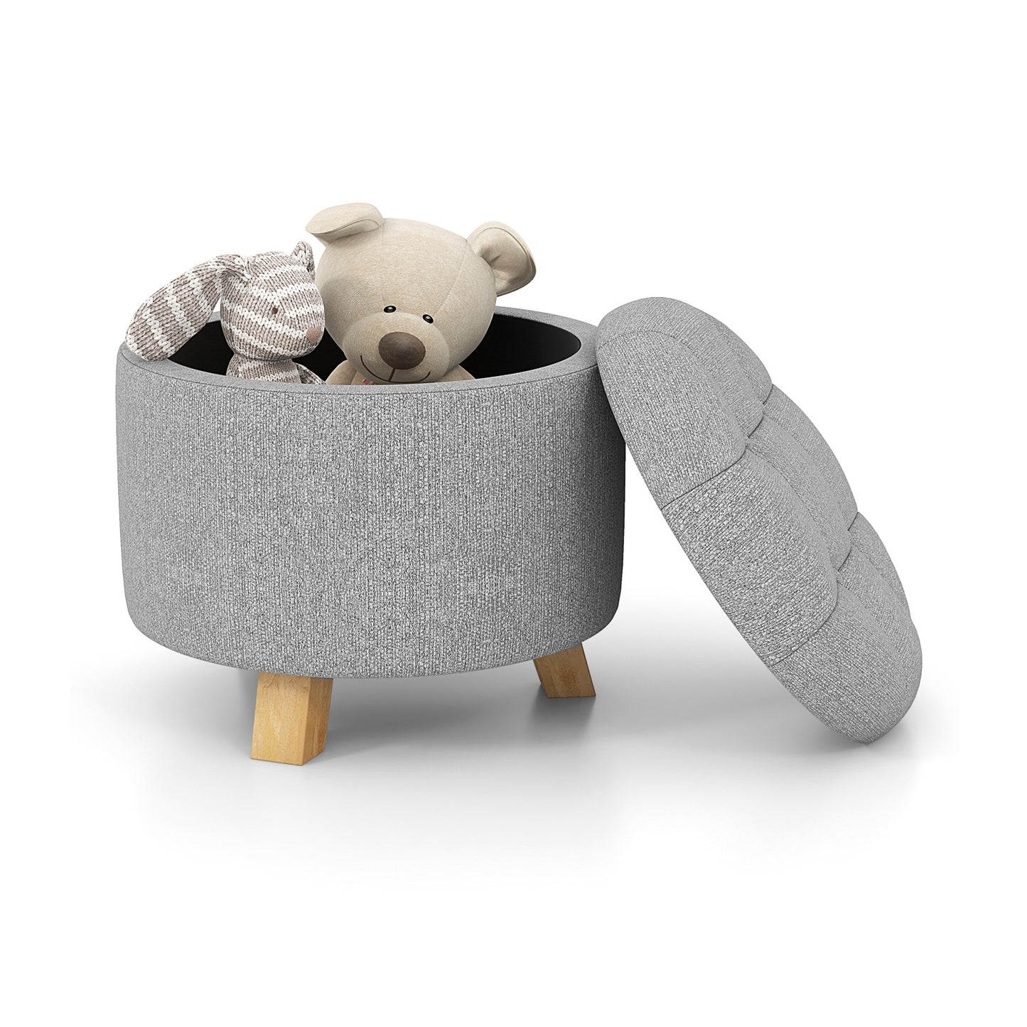 Round Upholstered Storage Ottoman with Tufted Seat and Solid Rubber Wood Legs