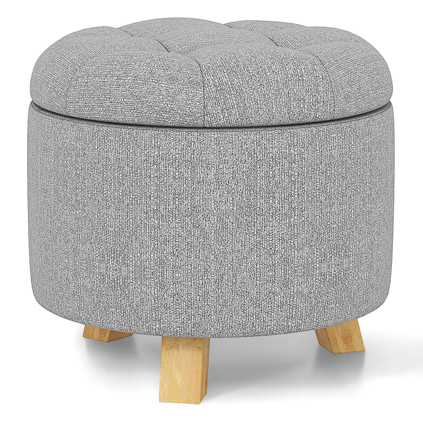 Round Upholstered Storage Ottoman with Tufted Seat and Solid Rubber Wood Legs